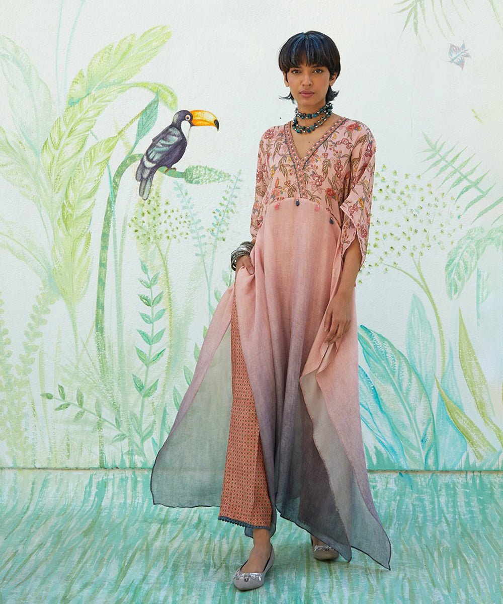 Pink Ombre Chiffon Handkerchief Hem Kurta Set