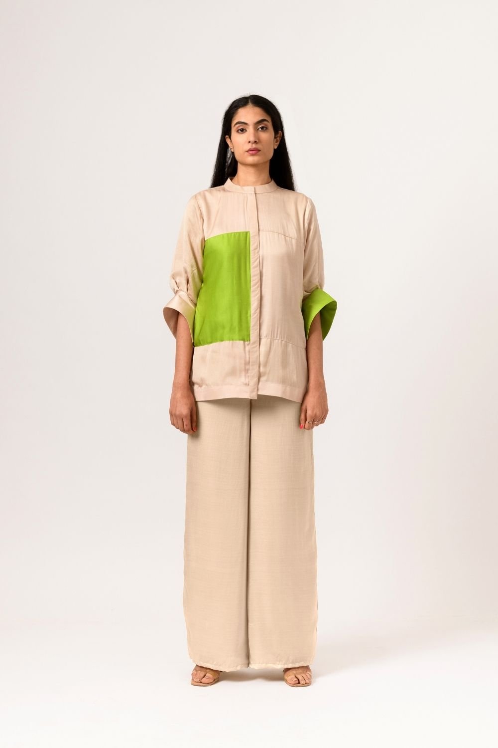 Beige and Green Colorblocked Mandarin Collar Blouse