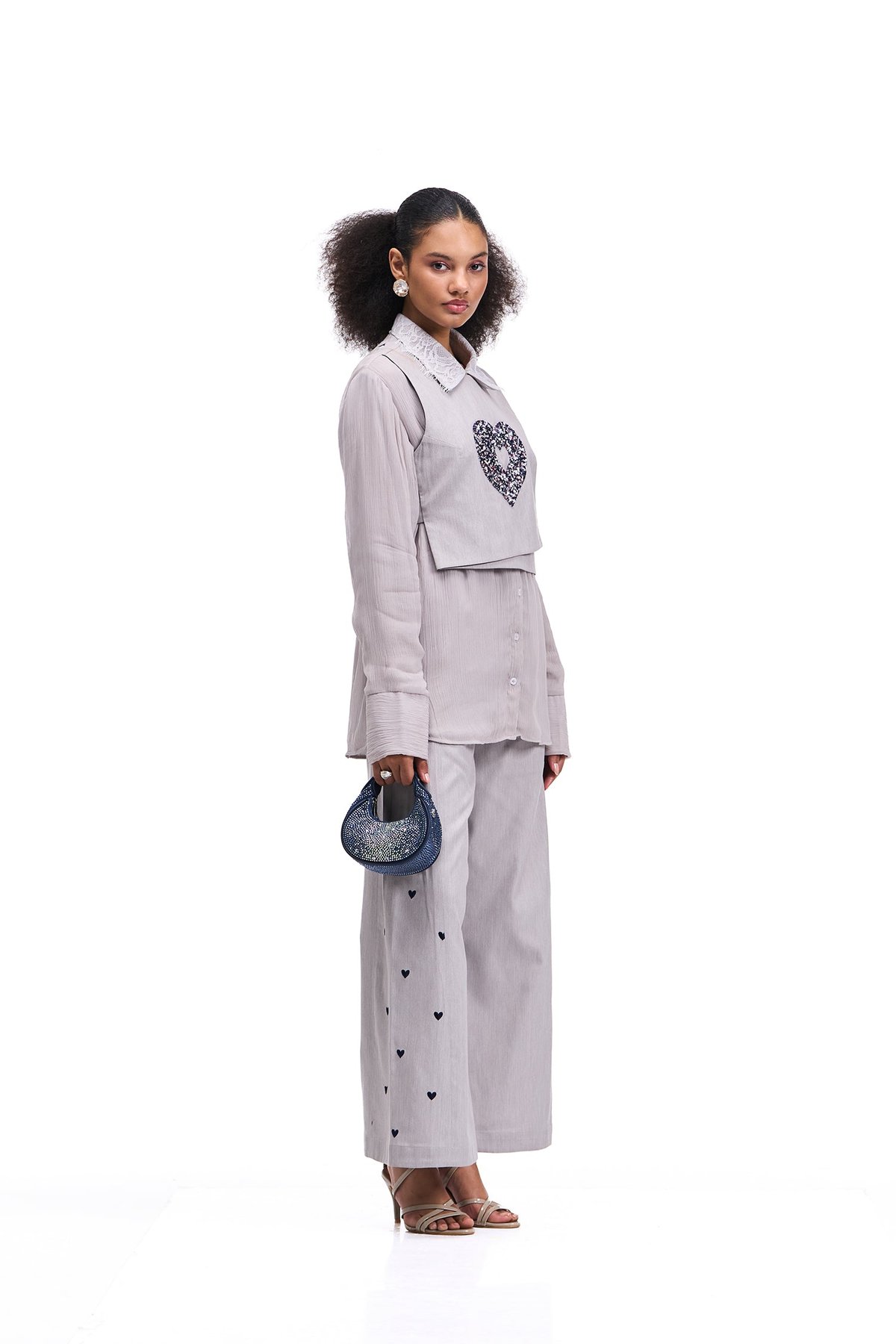 Cloud Grey 3-Piece Co-ord Set with Heart Overlay and Flared Pants