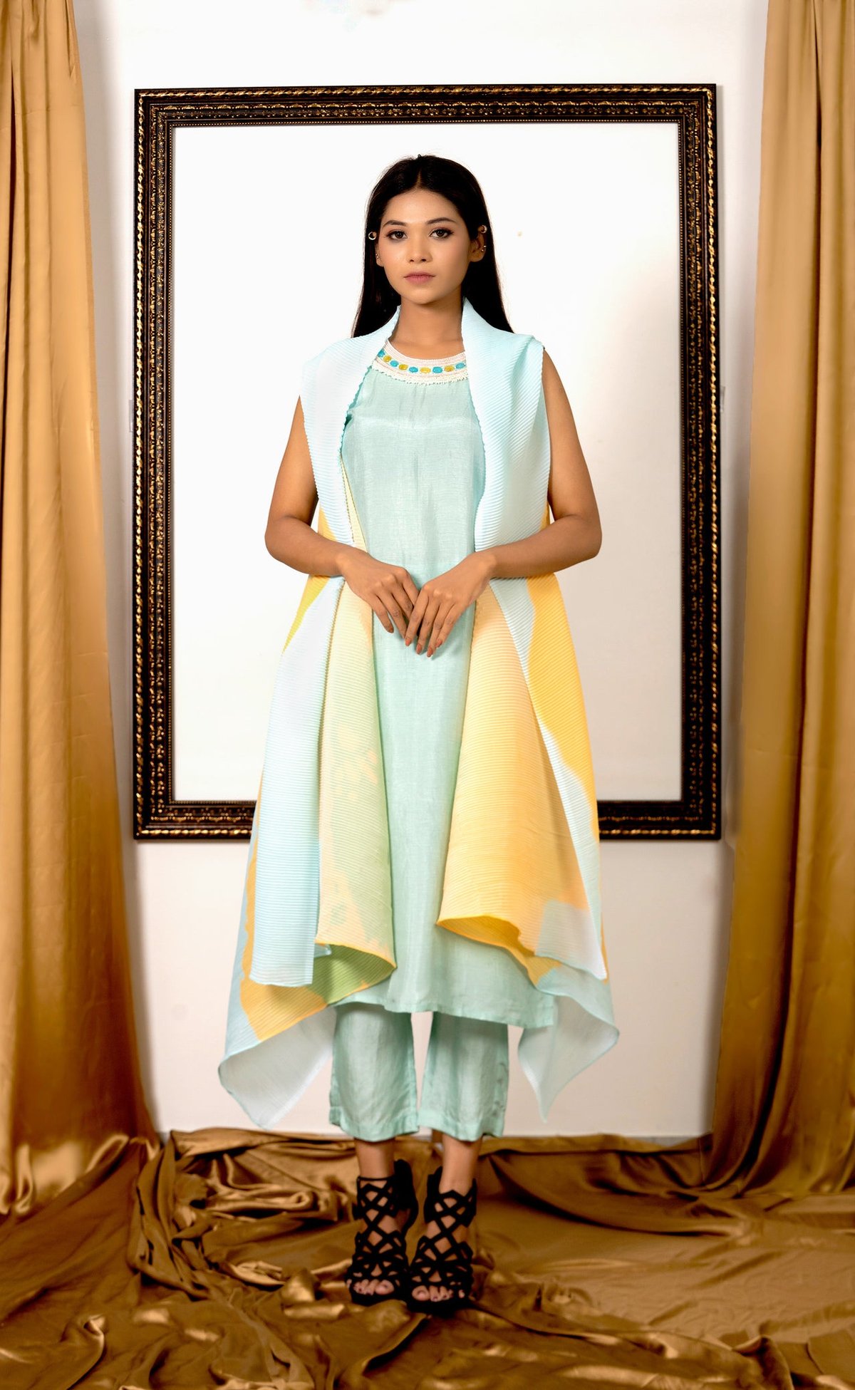 Blue/Yellow Kurta Set with Pleated Cape Overlay