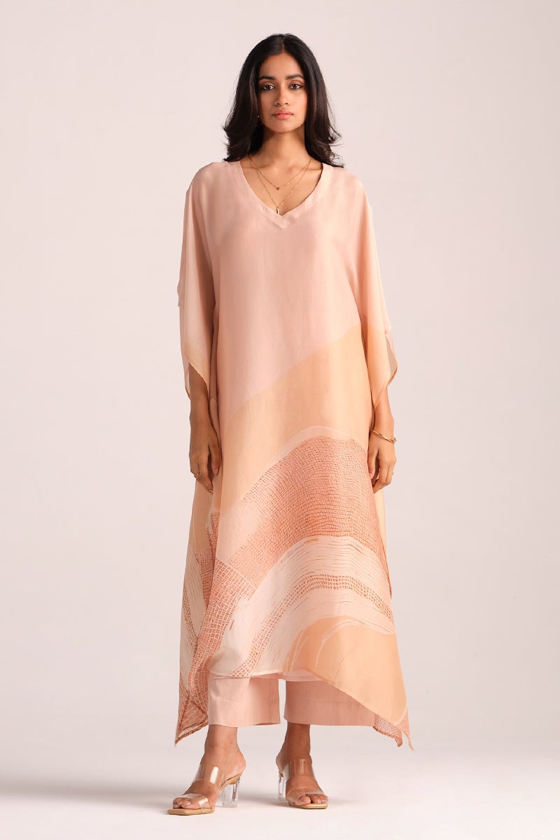 Peach Abstract Print Kaftaan Co-ord Set with Slip