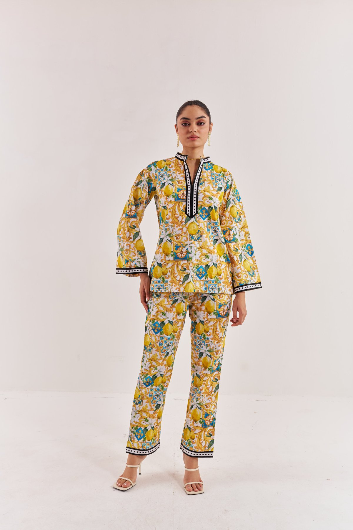 White and Yellow Lemon Print Co-ord Set with Mandarin Collar