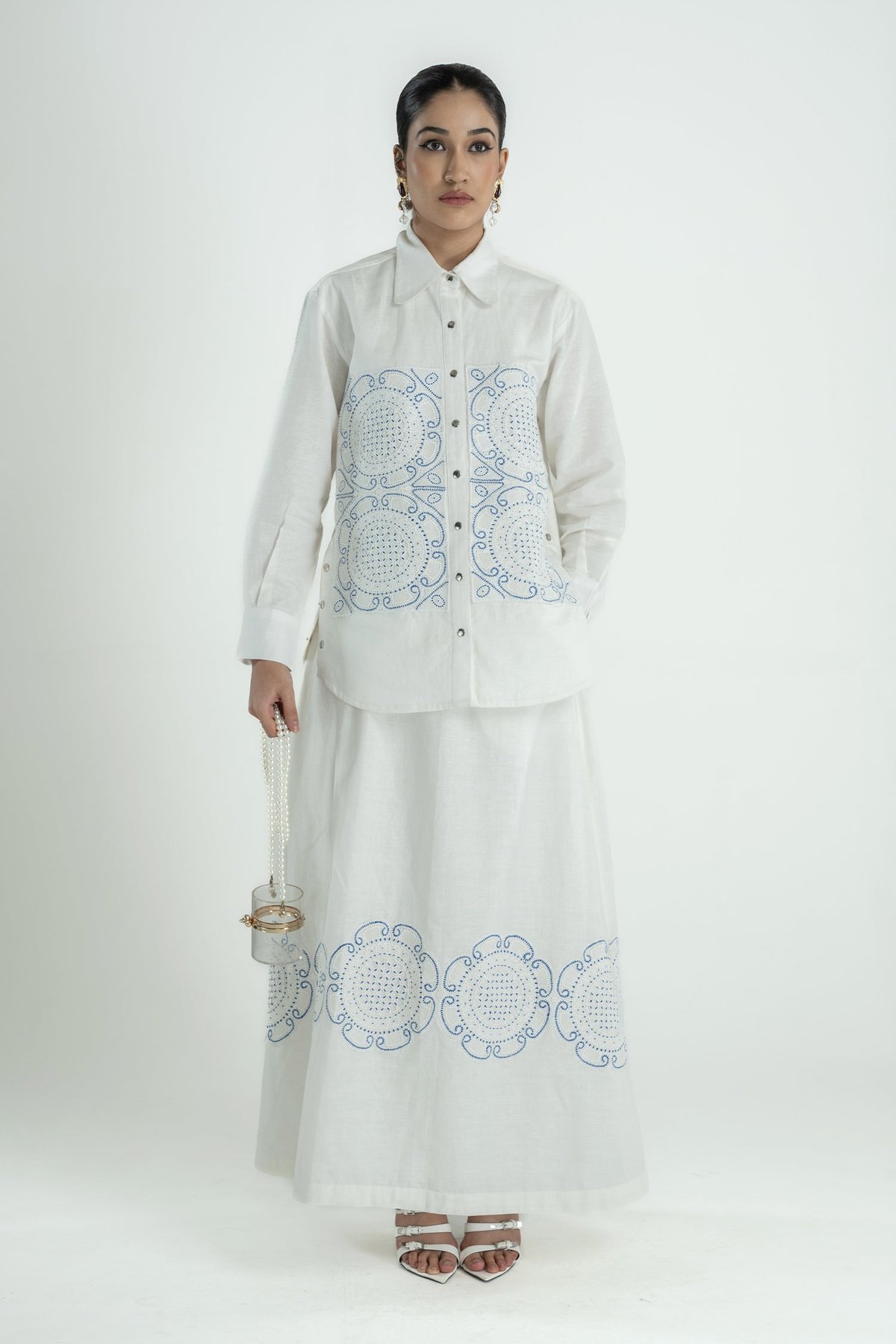 White Embroidered Shirt and Maxi Skirt Co-ord Set