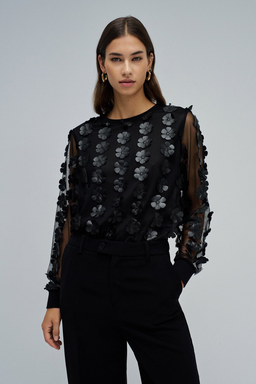 Black Mesh 3D Floral Applique Pullover Sweatshirt