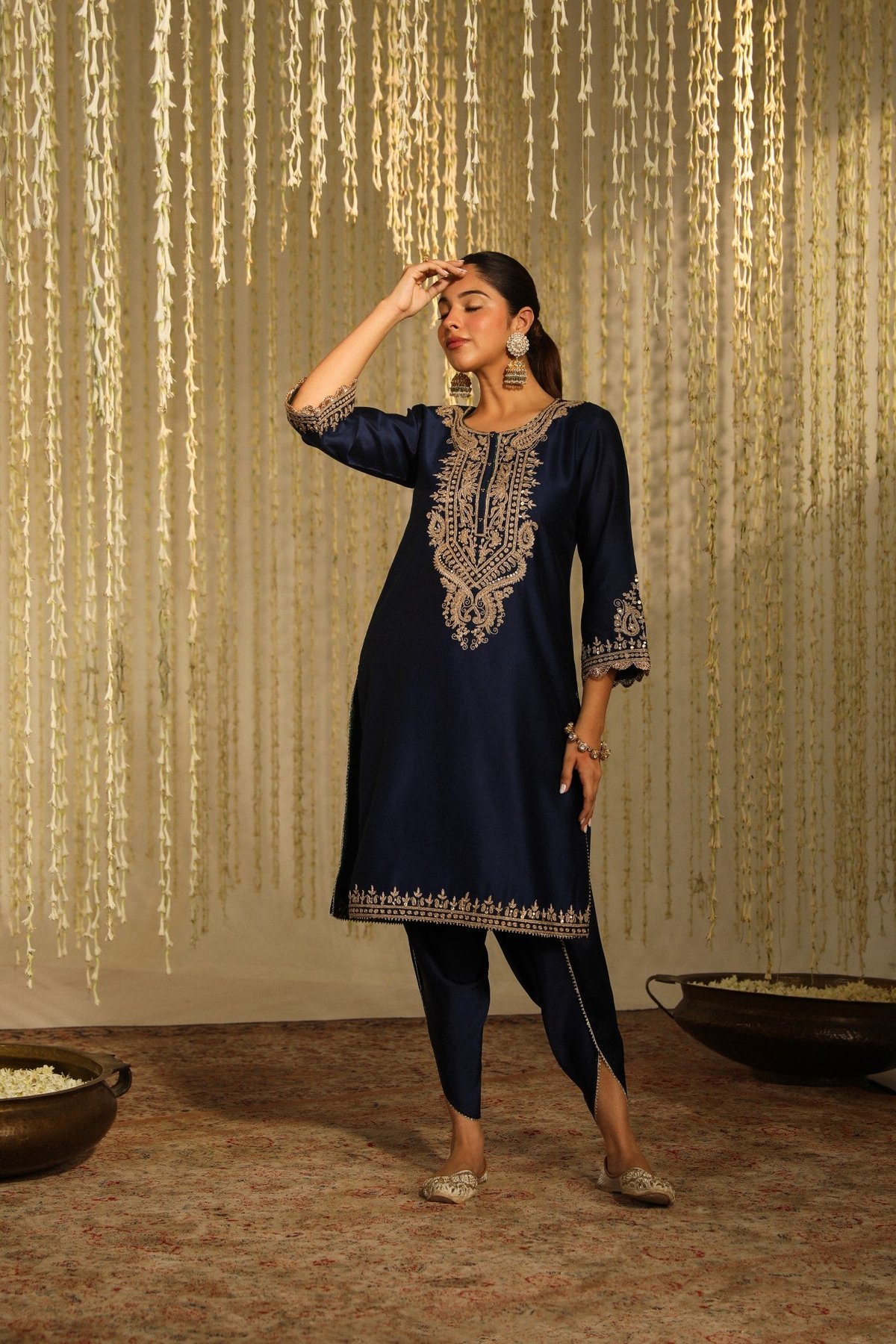 Deep Blue Embroidered Straight Kurta and Dhoti Set