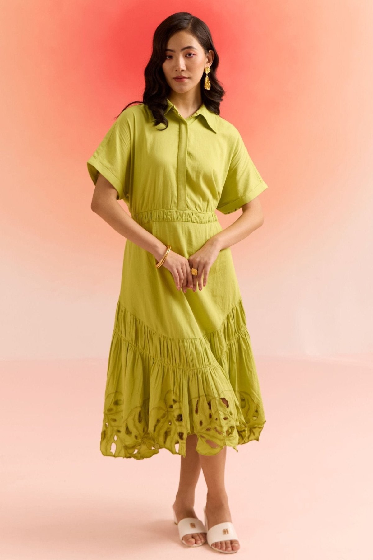 Lime Green Fit and Flare Maxi Dress with Cutwork Hem