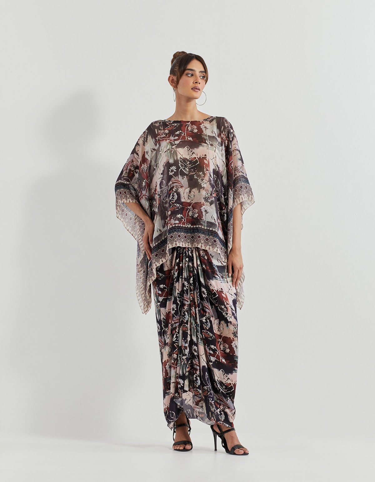 Printed Kaftan Top and Drape Maxi Skirt Co-ord Set