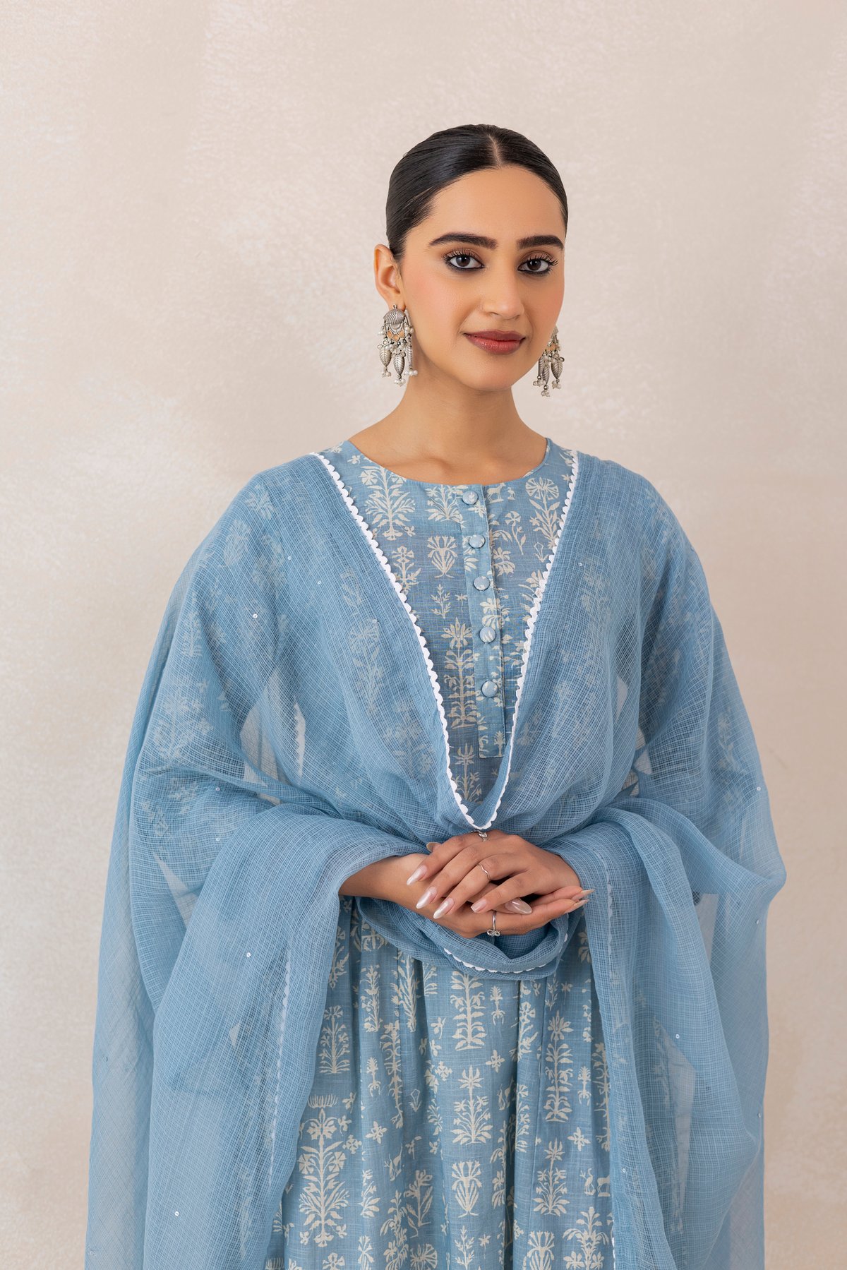 Baby Blue Floral Printed Cotton Slub Kurta Set with Dupatta