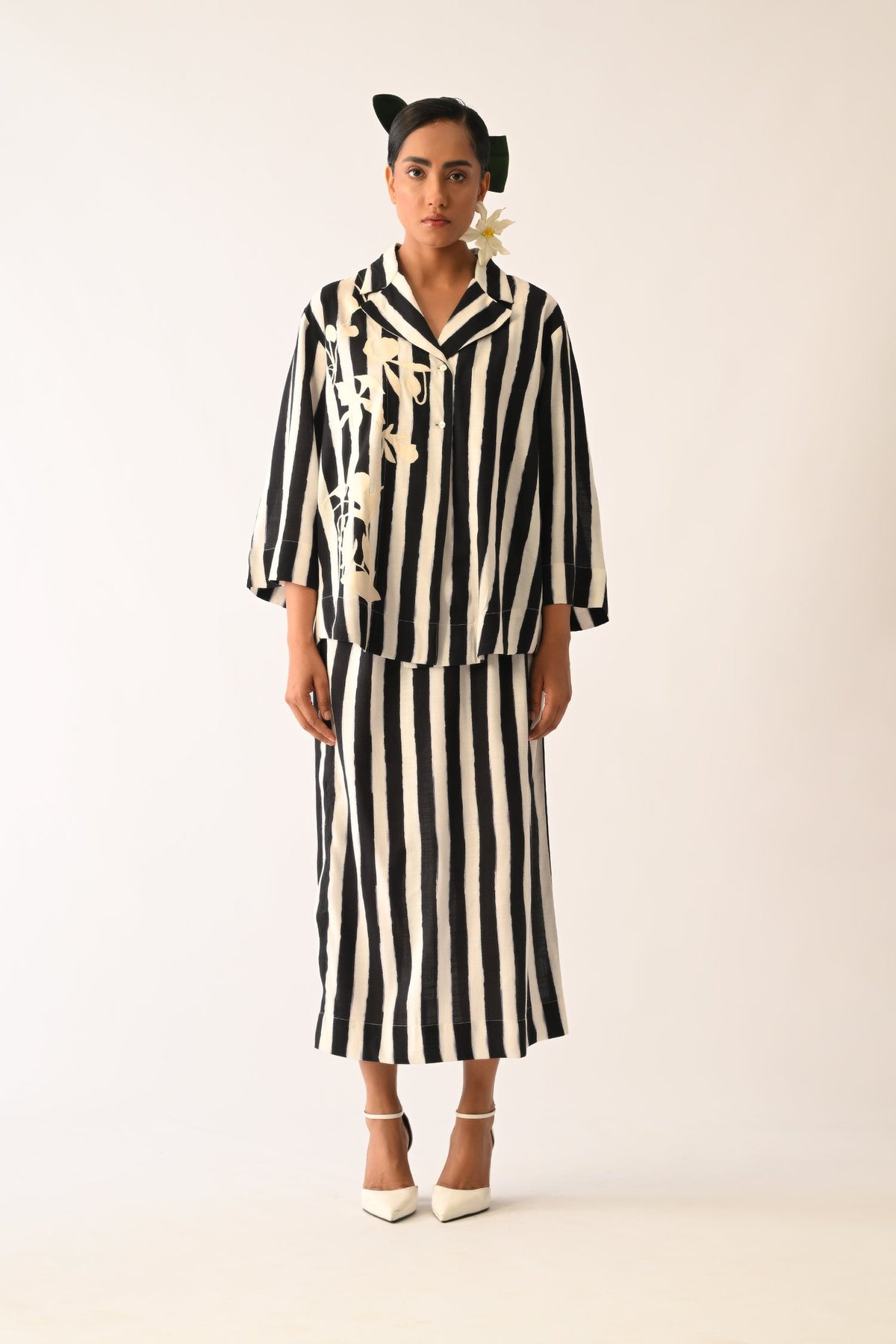 Black/White Striped Cotton Midi Skirt with Side Slit