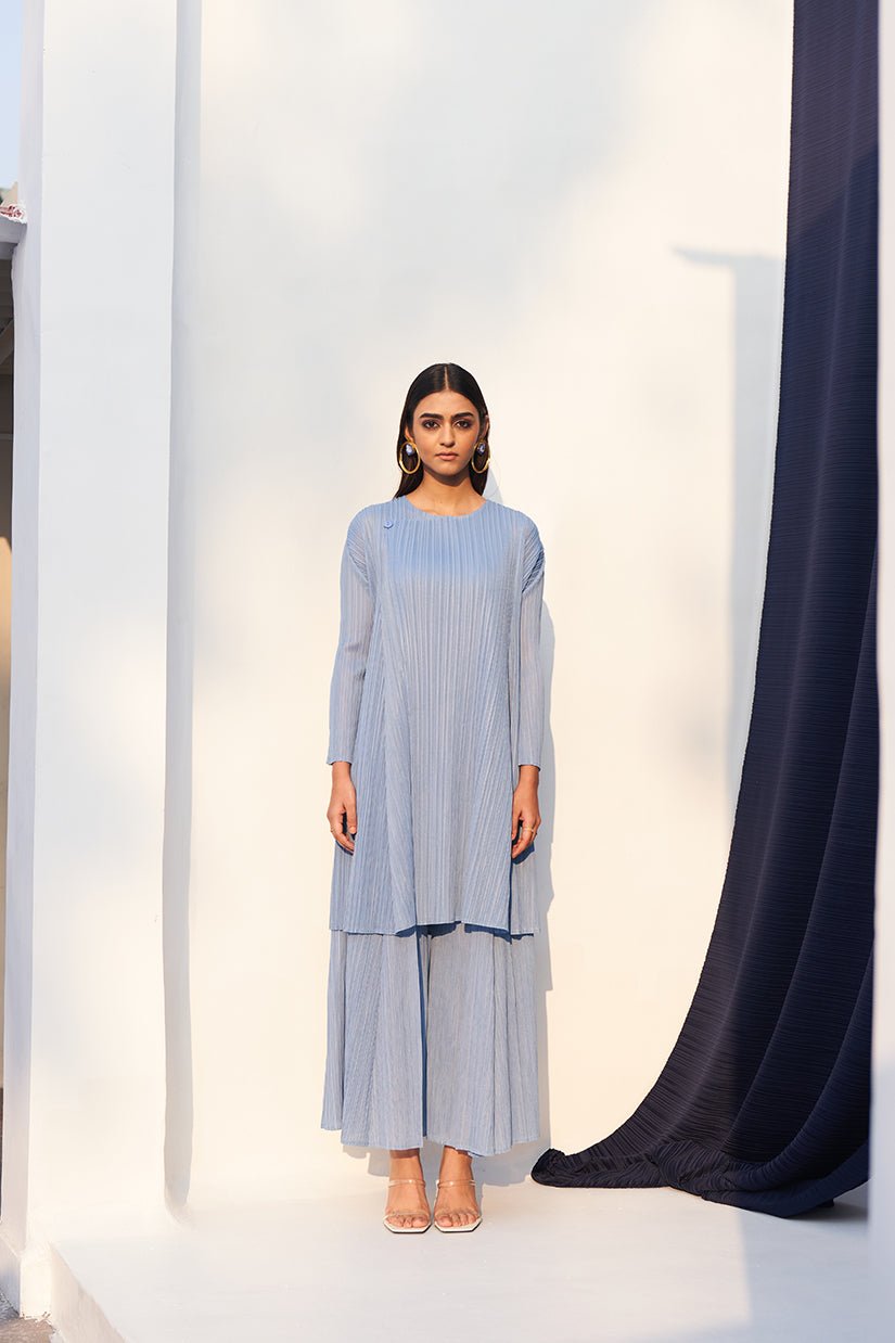 Powder Blue Pleated Kurti and Culotte Co-ord Set