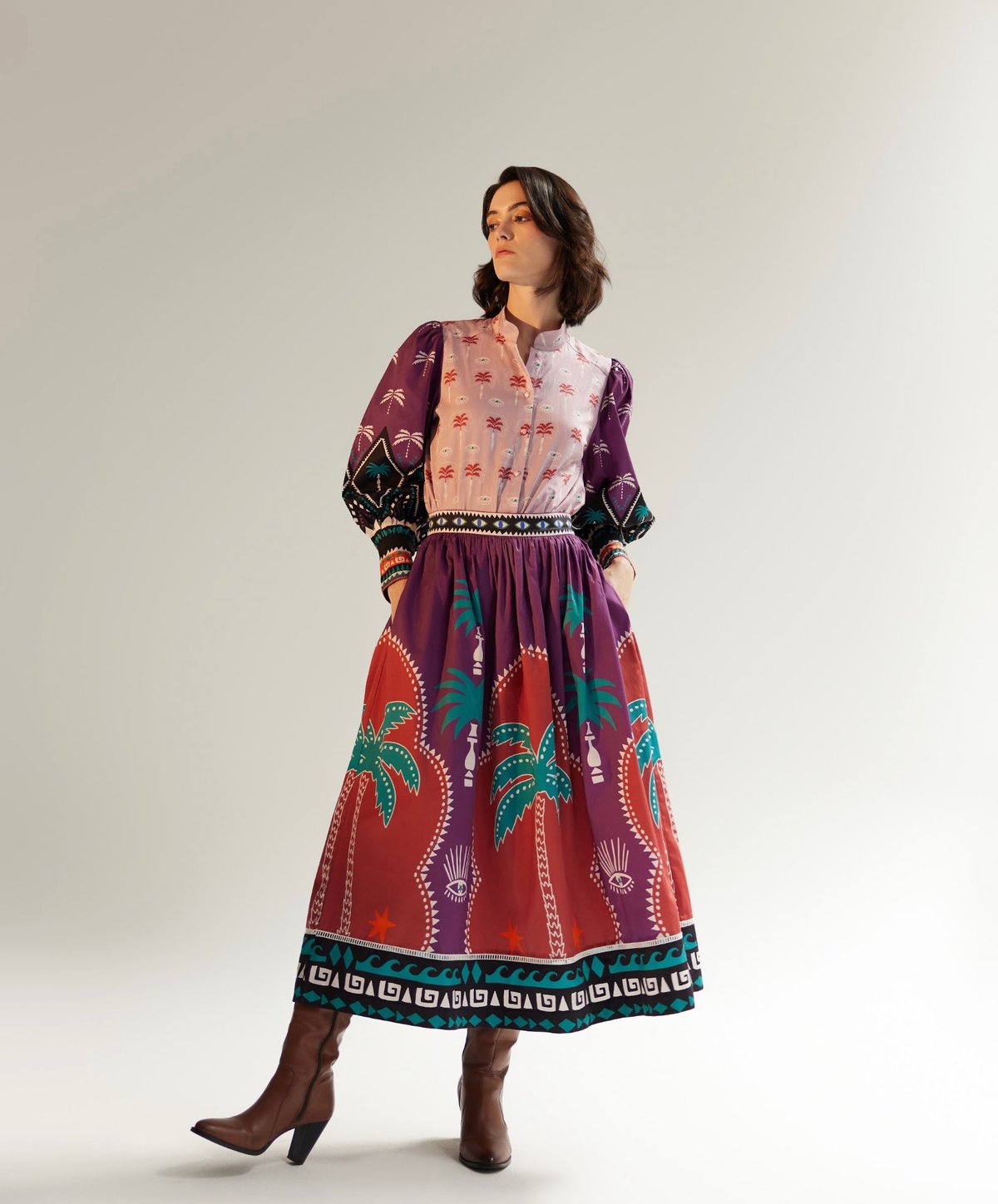 Purple Printed High-Waist Midi Skirt with Border Detail