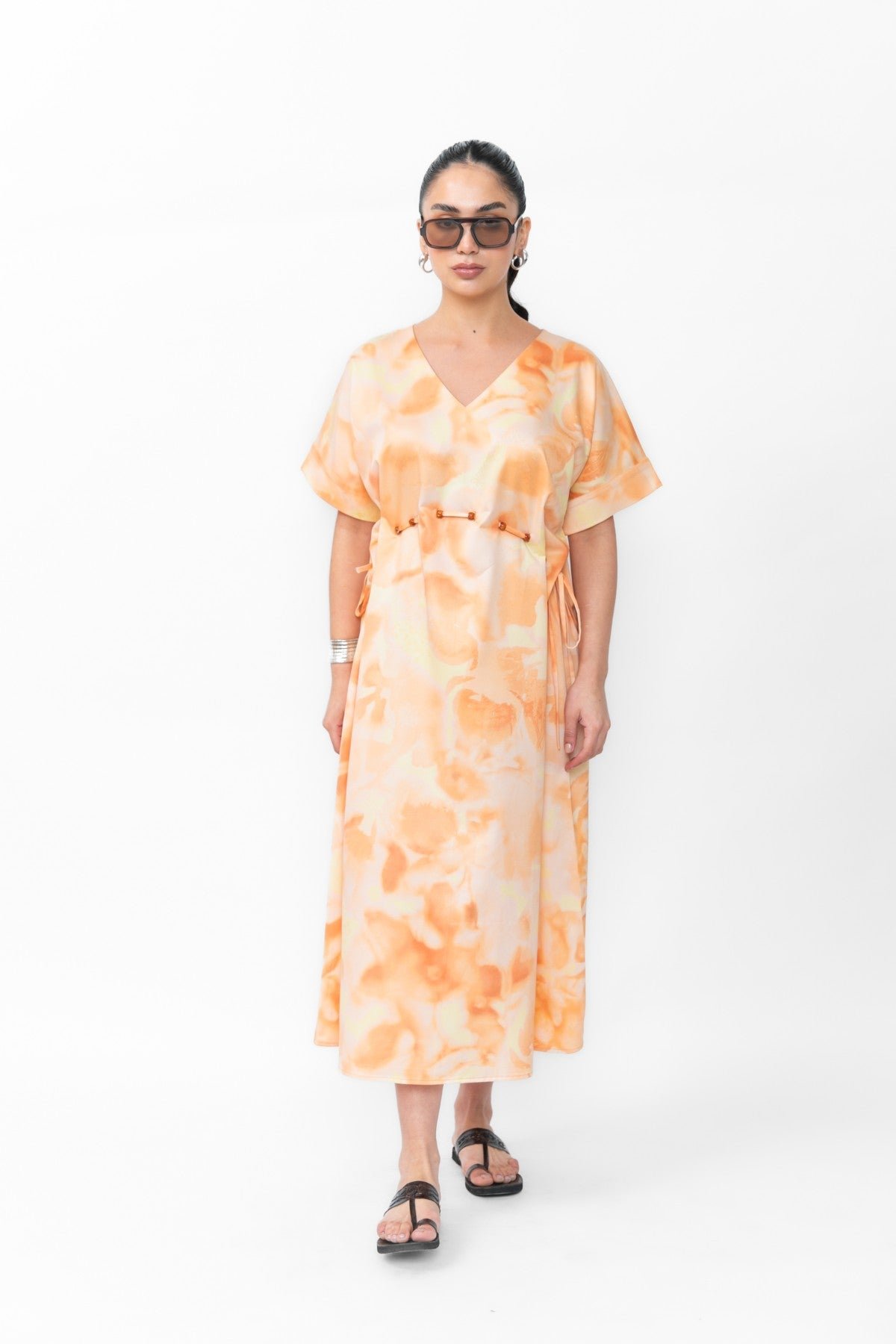 Orange Abstract Print Kaftan Midi Dress with Belt