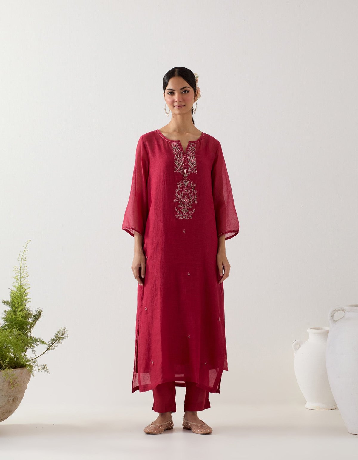 Deep Red Embroidered Straight Kurta Set with Pants