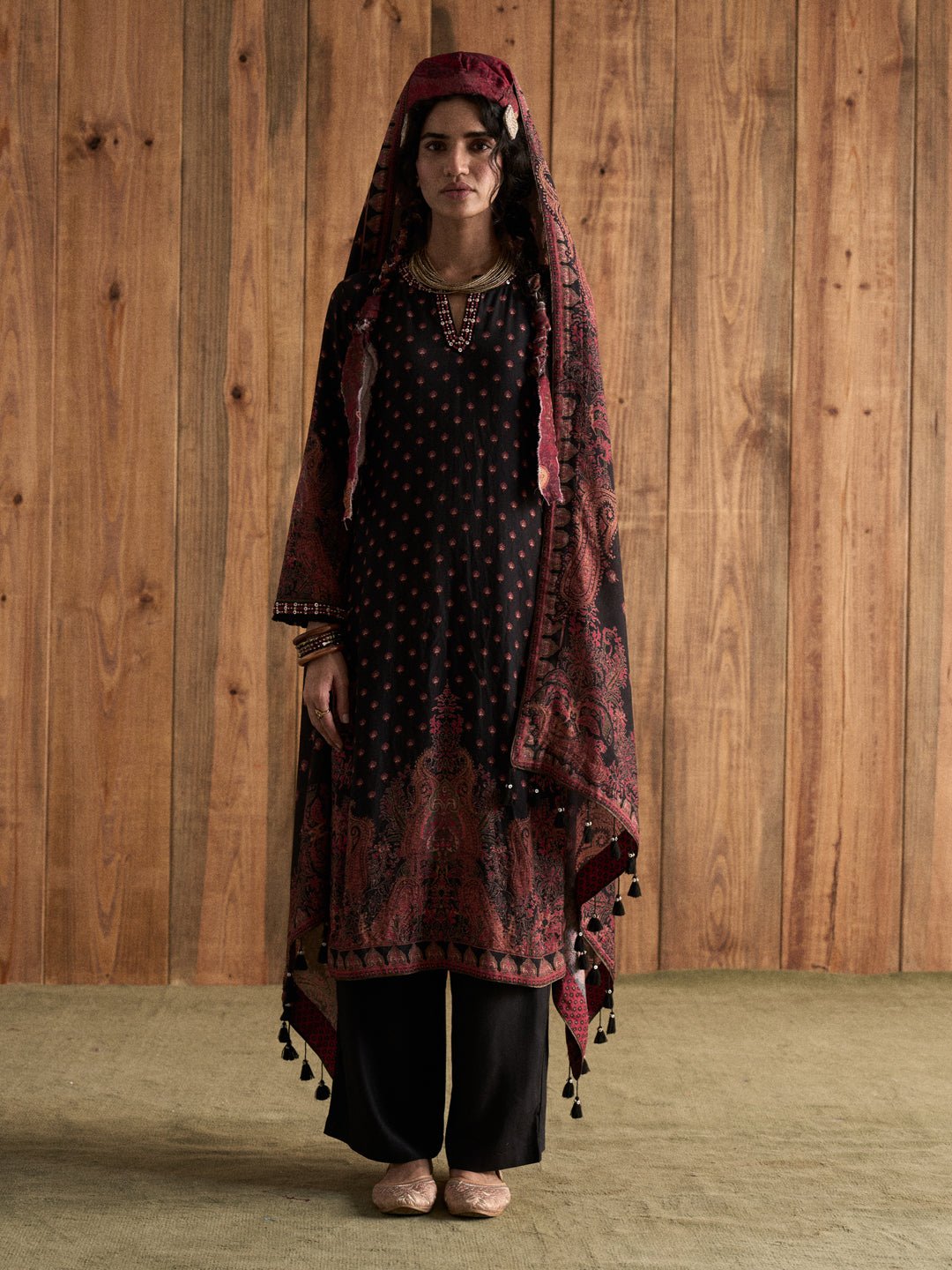 Black Printed Straight Kurta Set with Dupatta