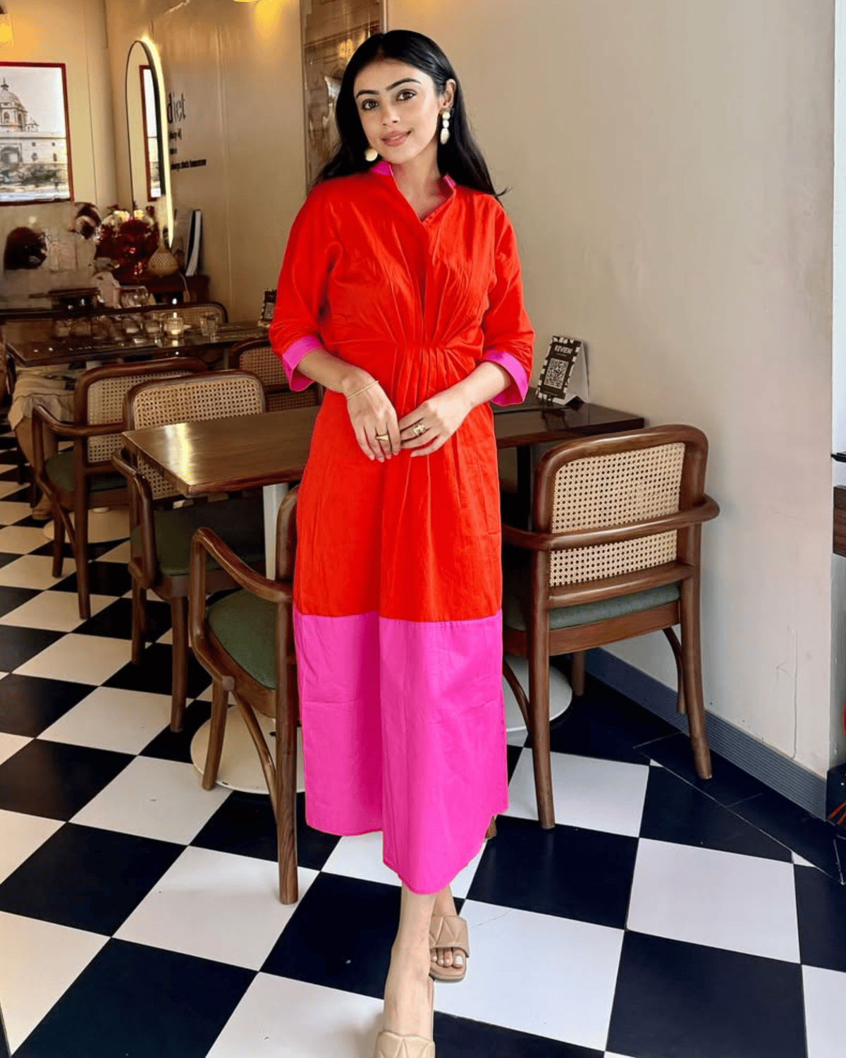 Pink/Orange Colorblock Fit-and-Flare Midi Dress