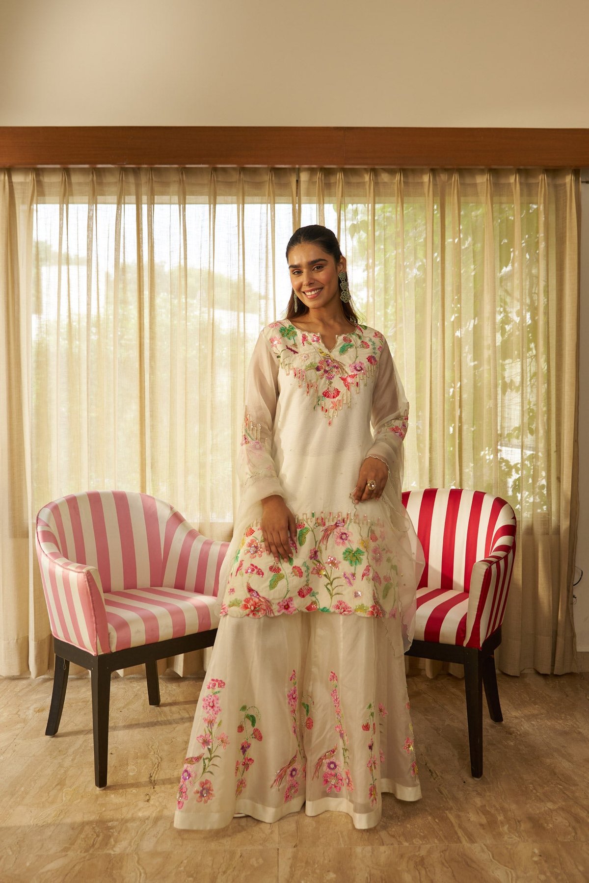 Ivory Satin Organza Applique Kurta Sharara Set