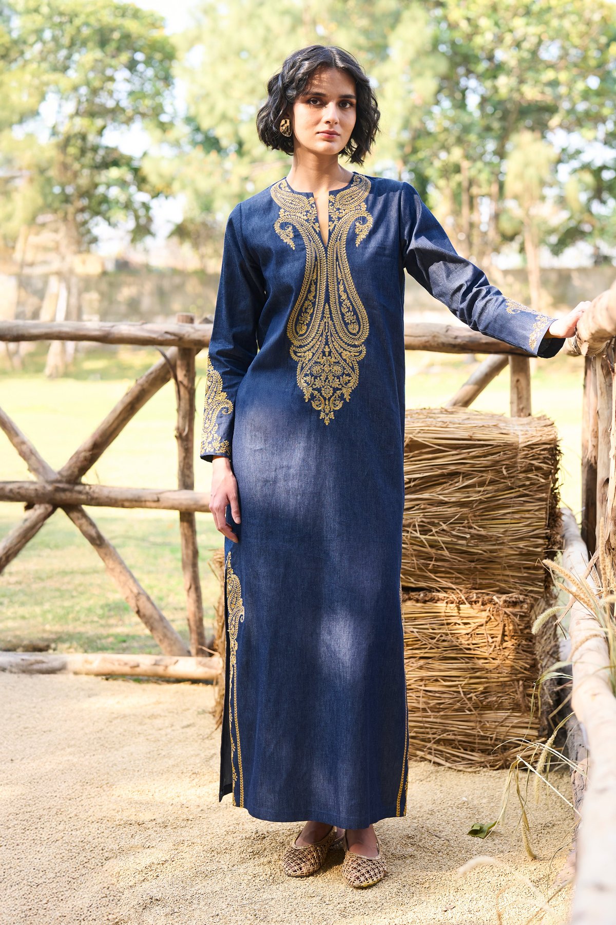 Embroidered Denim Kaftan Dress
