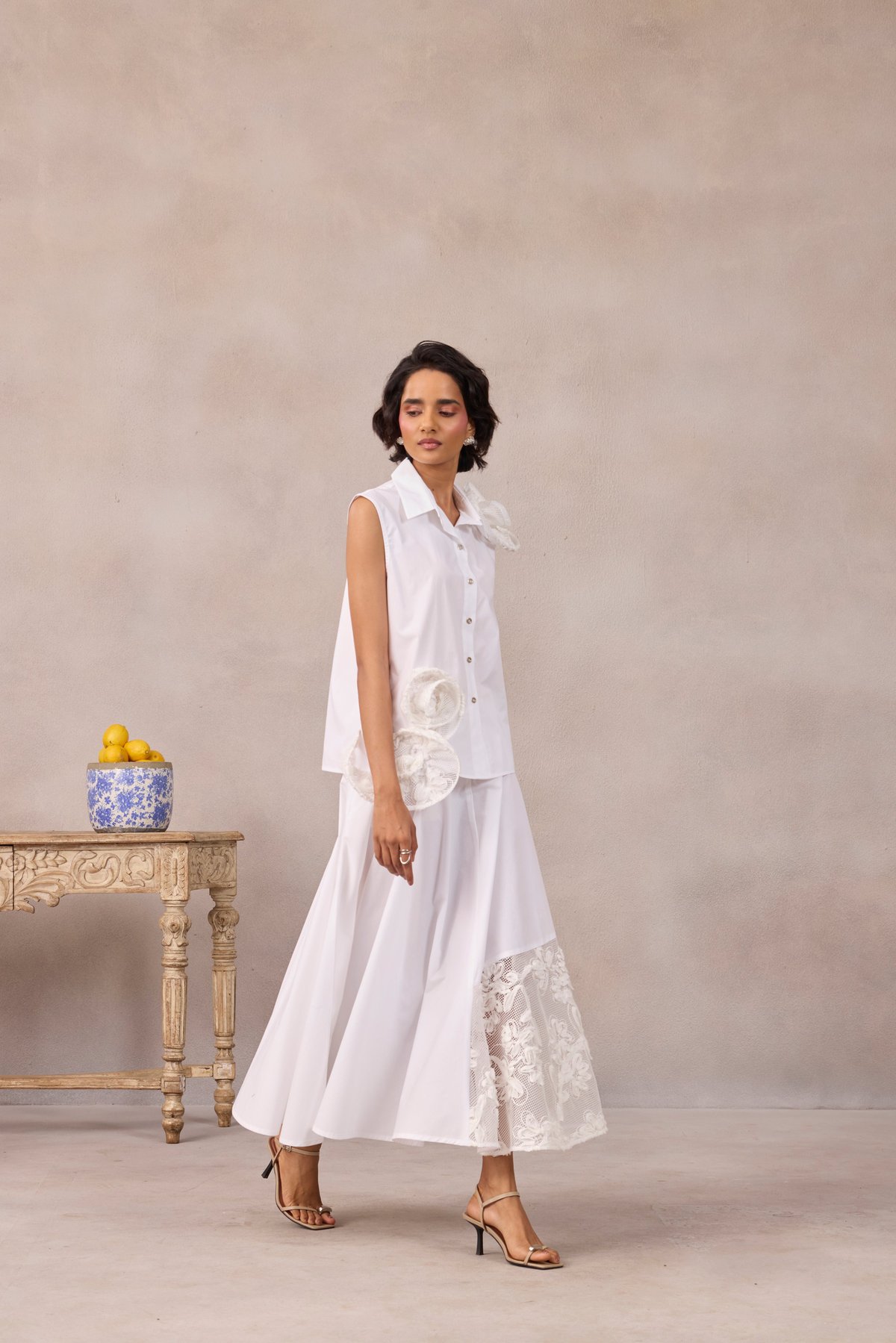 Bright White Panelled Flared Midi Skirt with Floral Applique