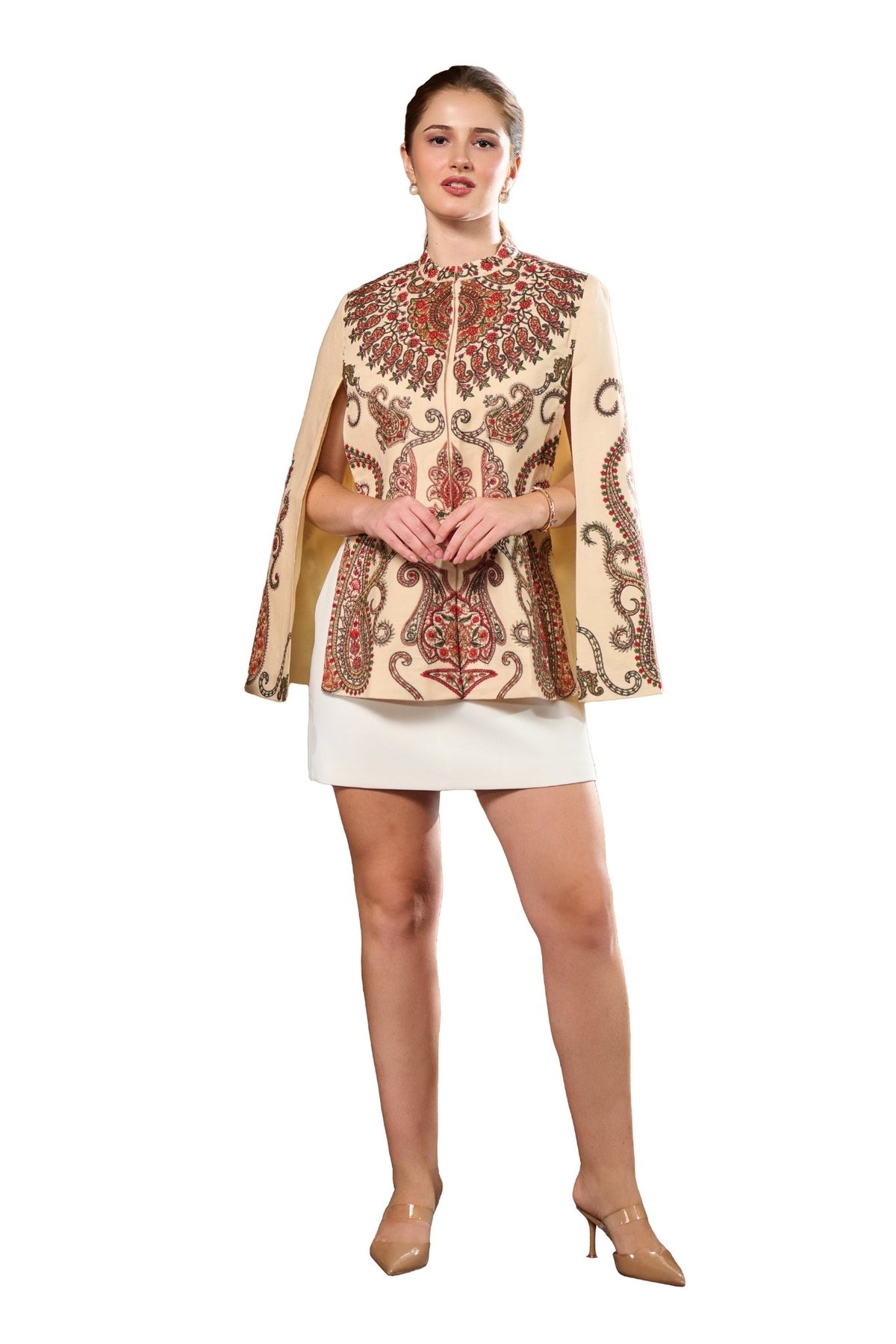 Cream High-Neck Kashmiri Sozni Motif Cape