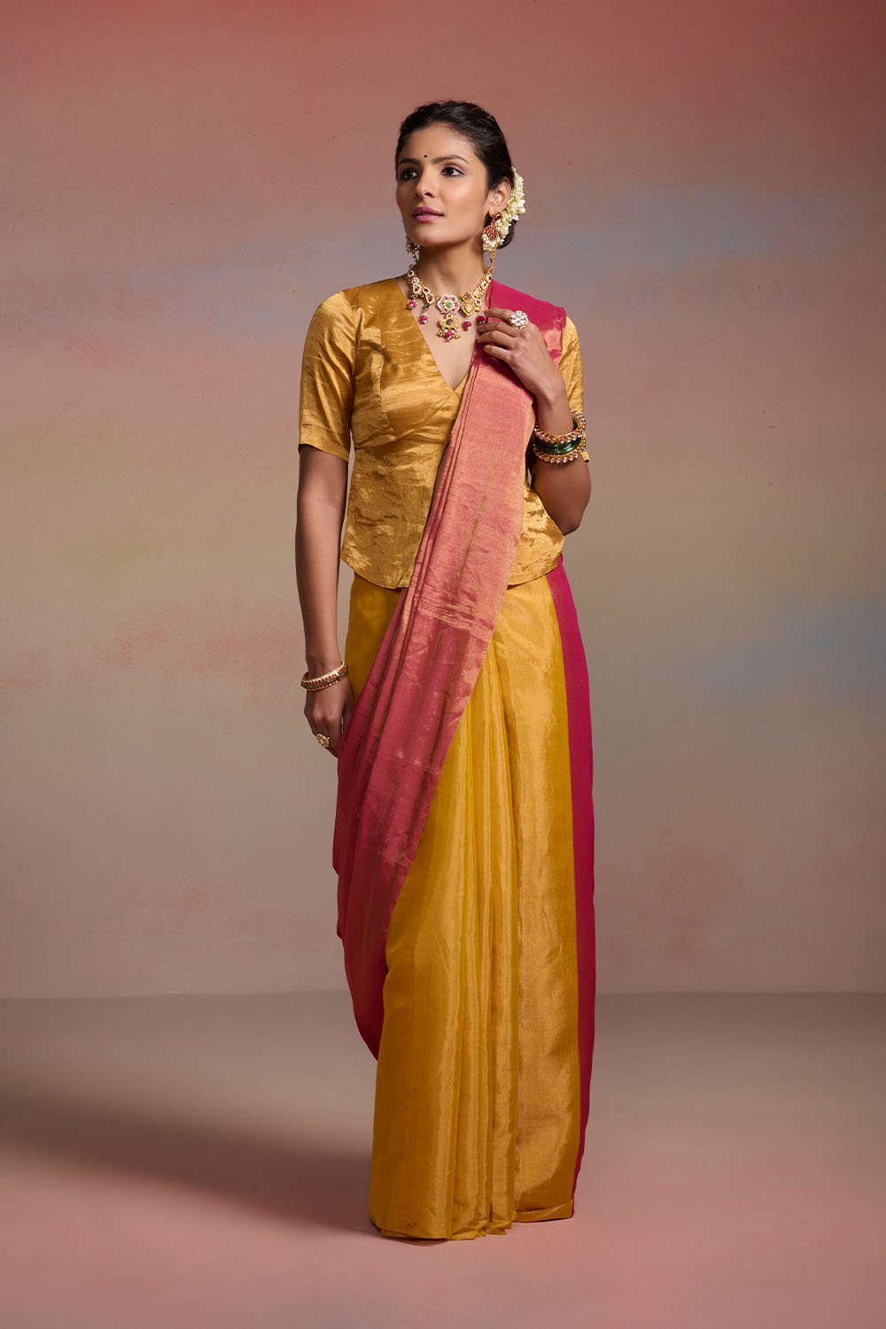 Pink-Yellow Metallic Tissue Half-and-Half Saree