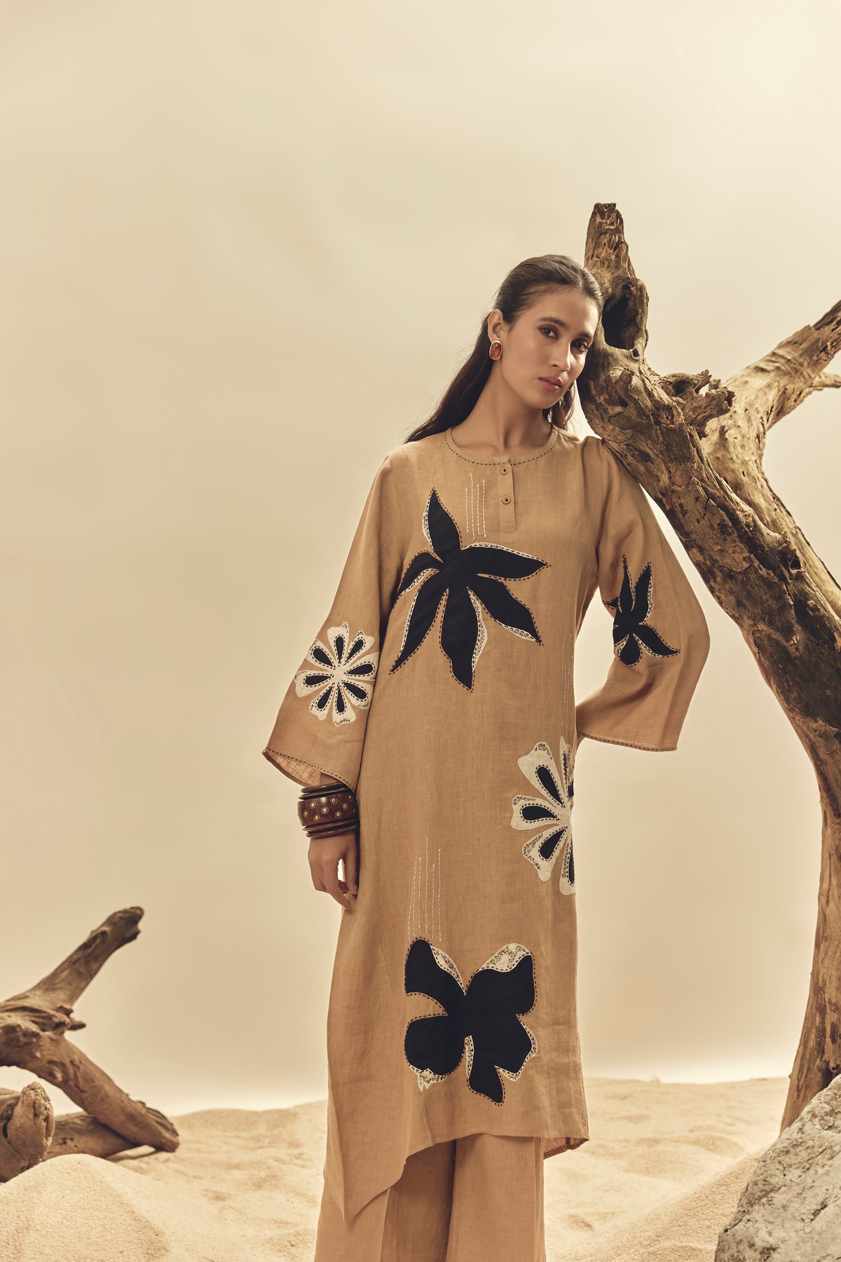Camel Linen Straight Midi Dress with Applique Motifs