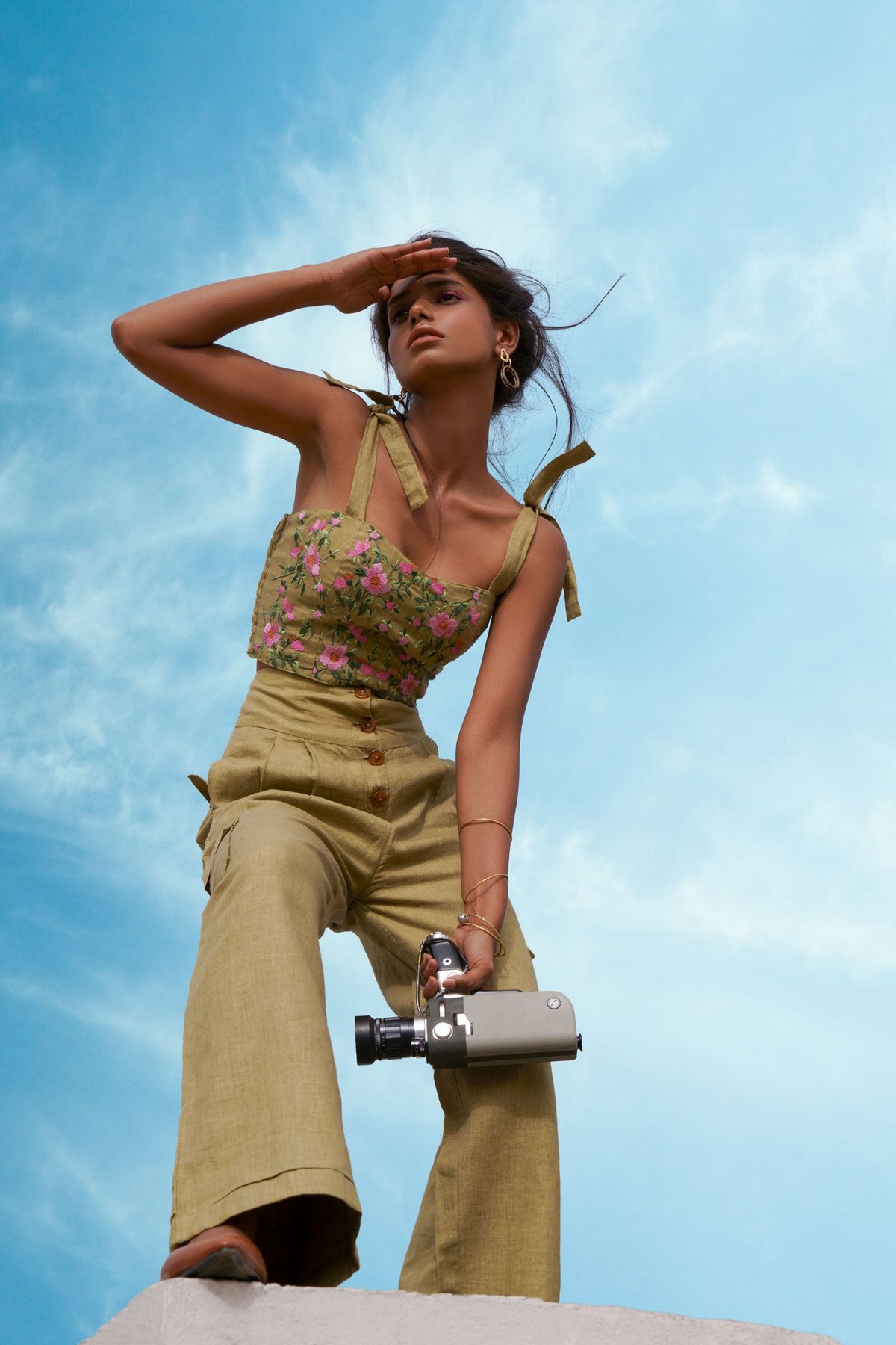 Olive Linen Embroidered Square-Neck Crop Top