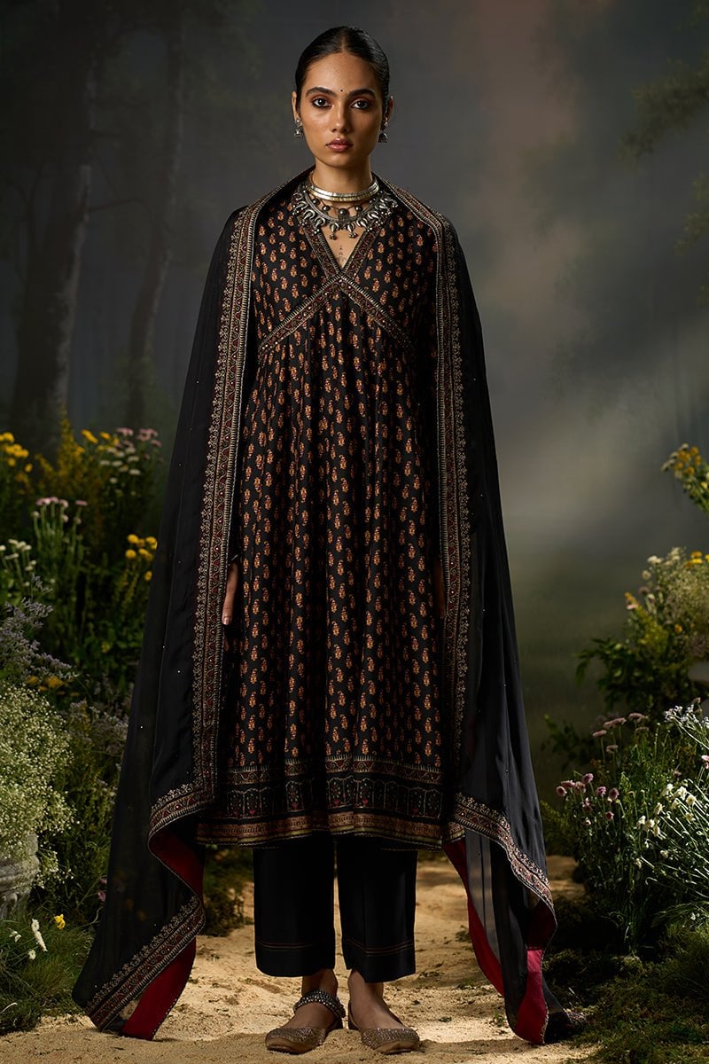Black and Red Ambi Print Anarkali Kurta Set
