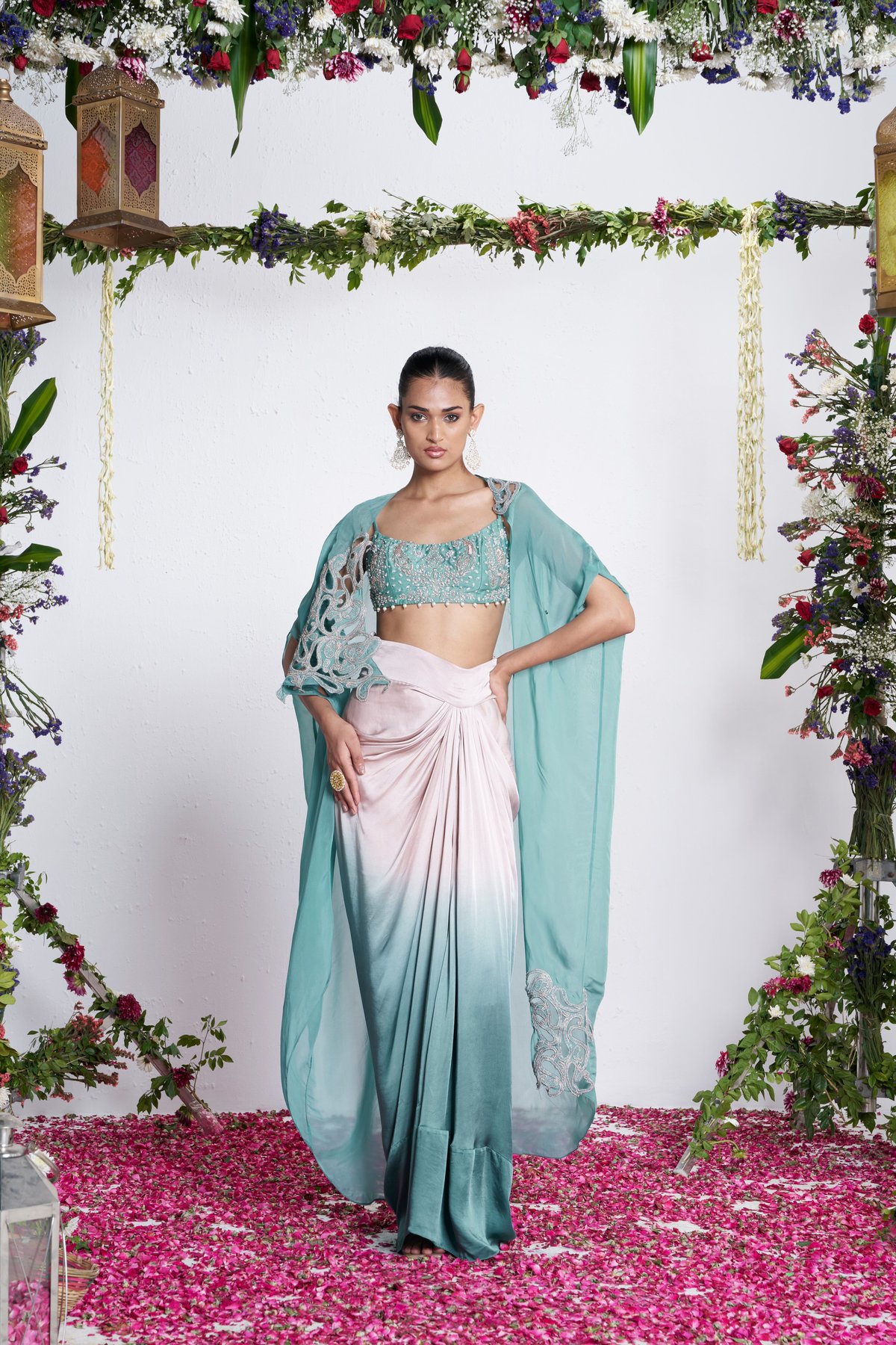 Teal Embroidered Blouse, Ombre Draped Skirt and Cape Set