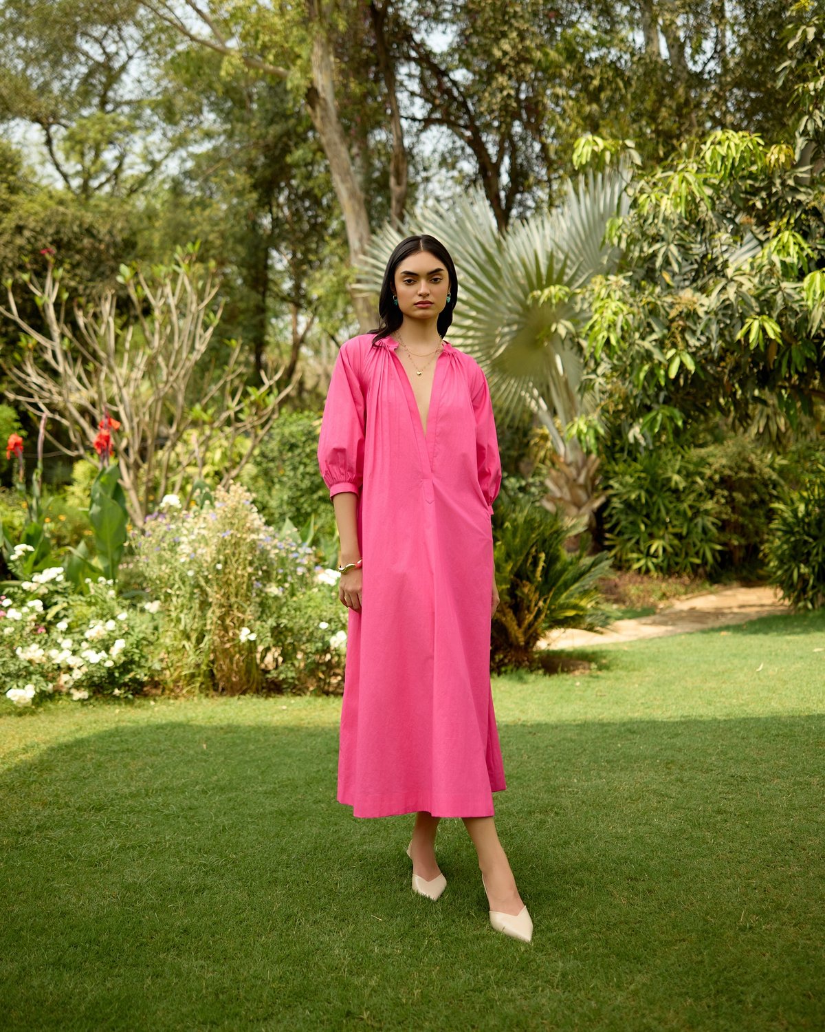 Pink Relaxed Fit Cotton Midi Dress with Mandarin Collar