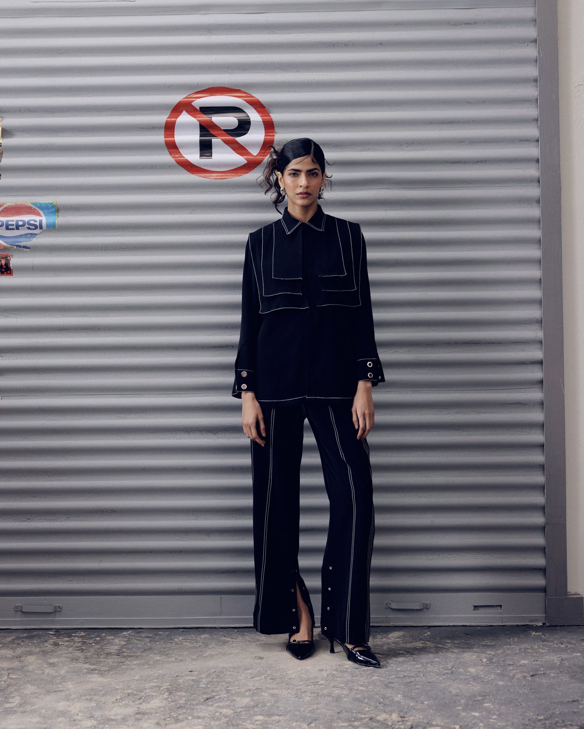 Black Straight-Leg Trousers with Contrast Piping