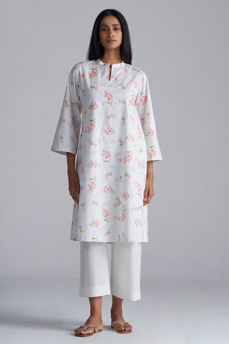 White Floral Printed Cotton Co-ord Set with Chikankari