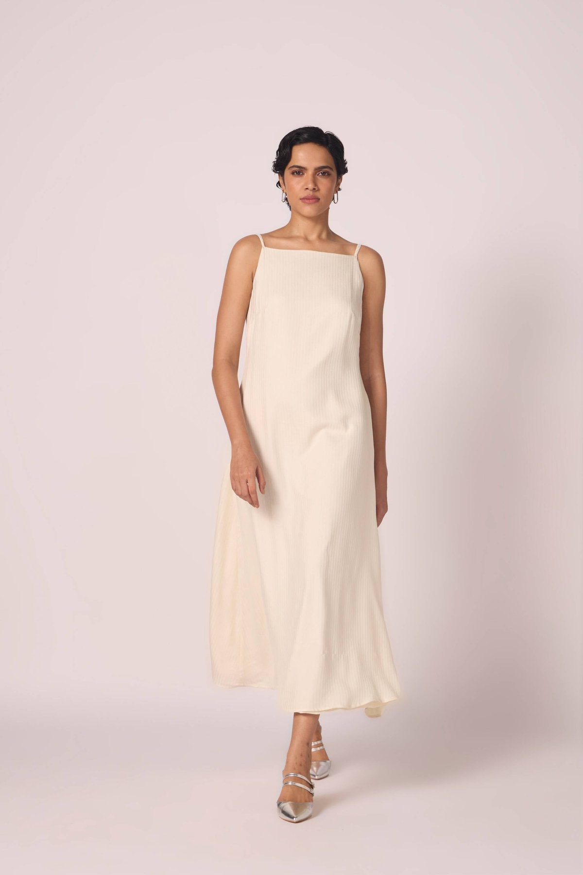 Off White Silk Twill Slip Maxi Dress with Square Neck