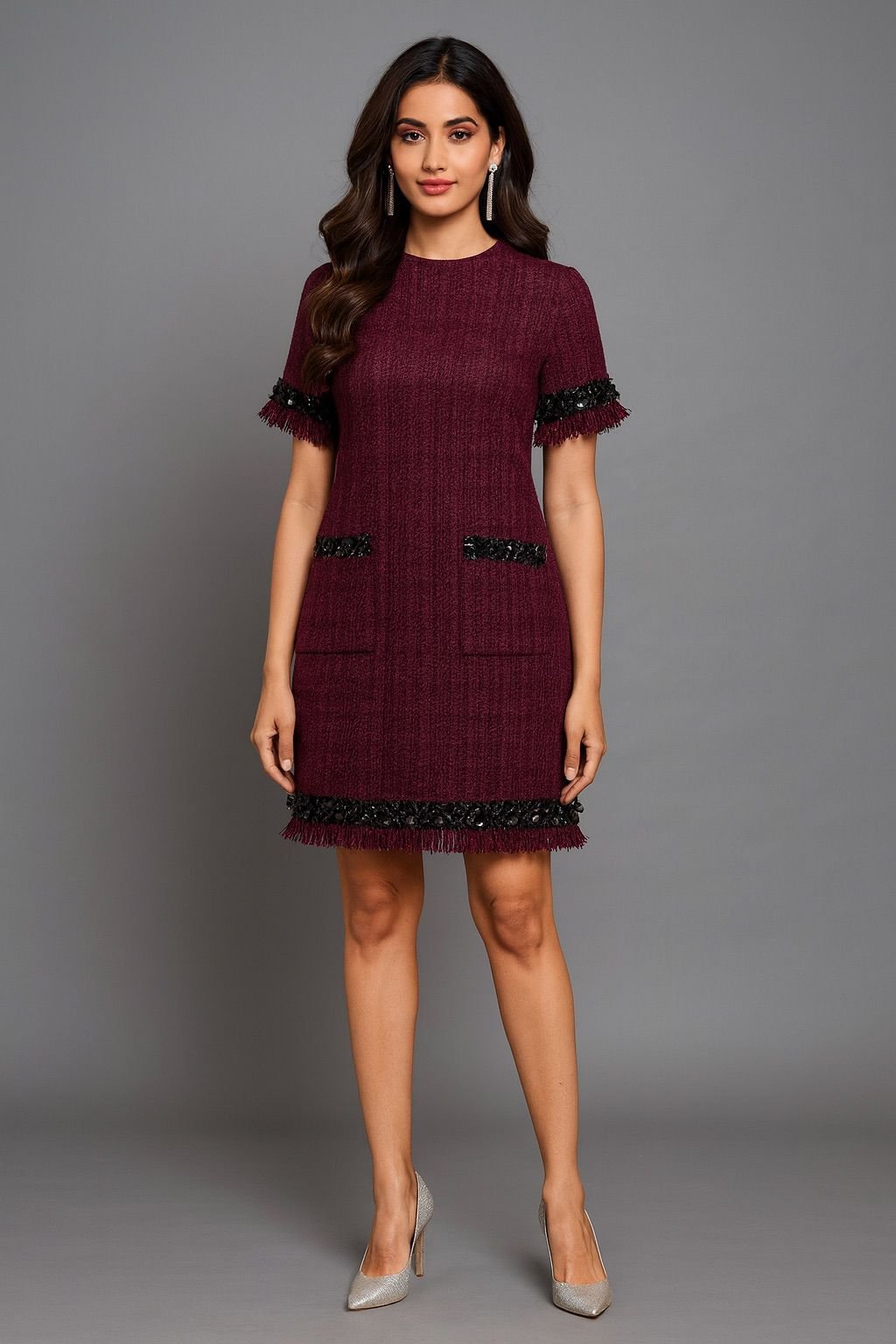 Burgandy Tweed Mini Shift Dress with Sequin Fringe Trim