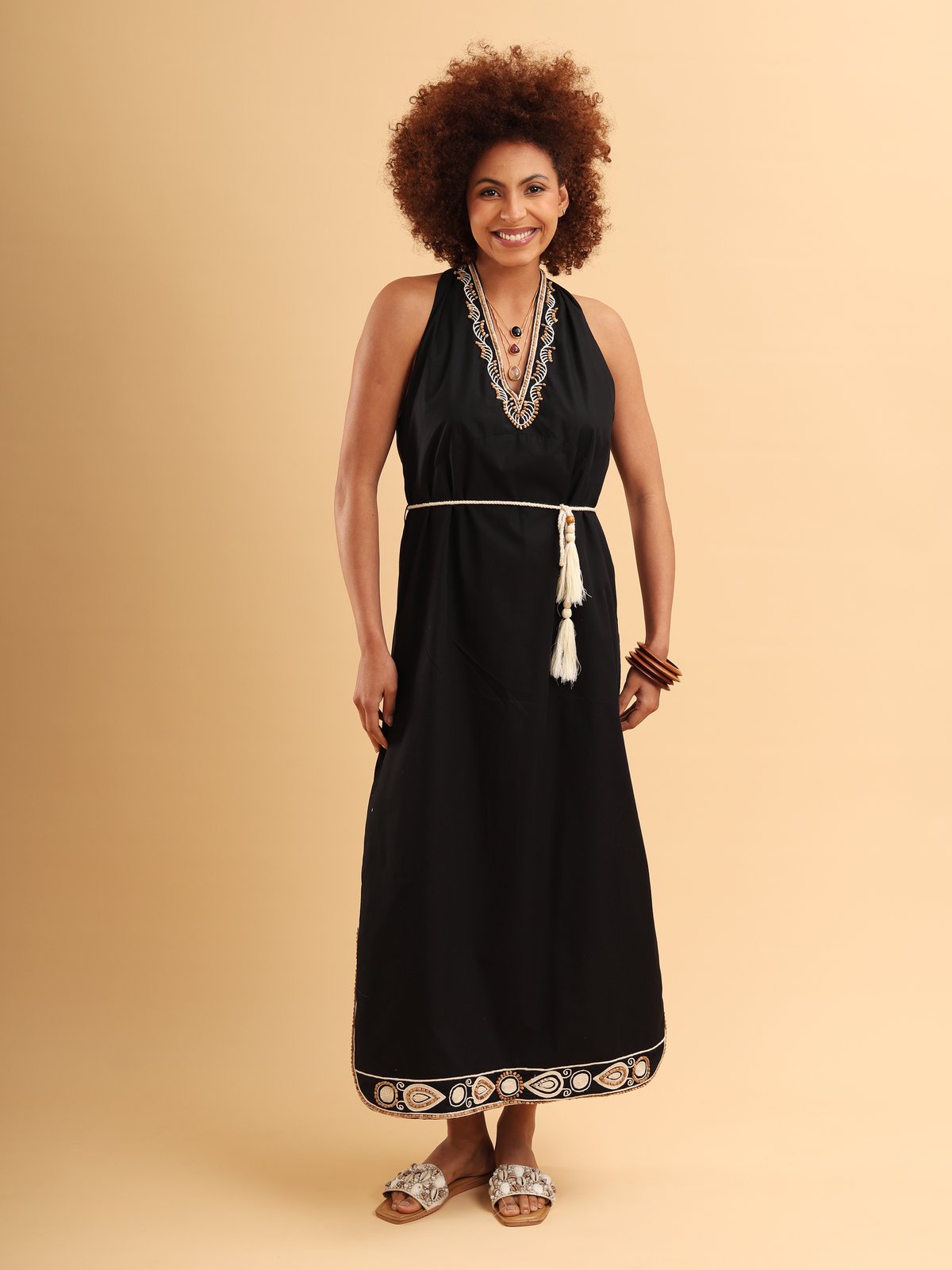 Black Halter Neck Embroidered Maxi Dress with Belt
