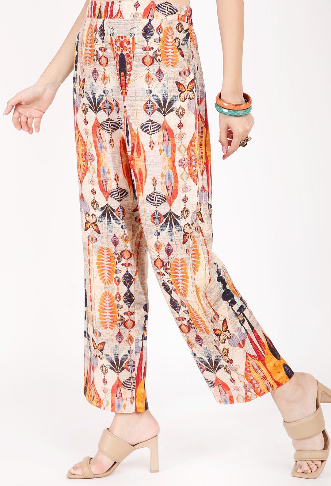Multicolor Printed Linen Straight-Leg Trousers