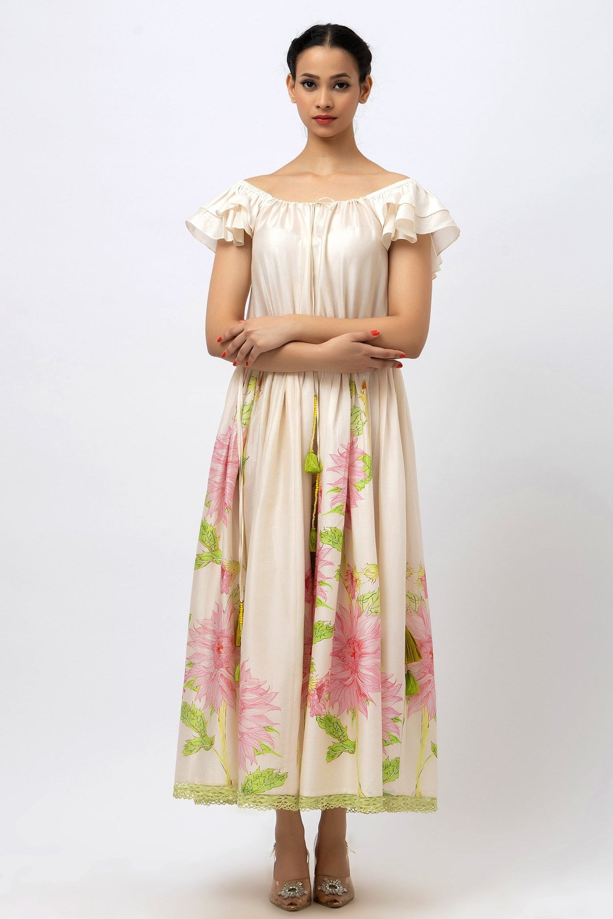 Hand-Painted Rose Off-Shoulder Maxi