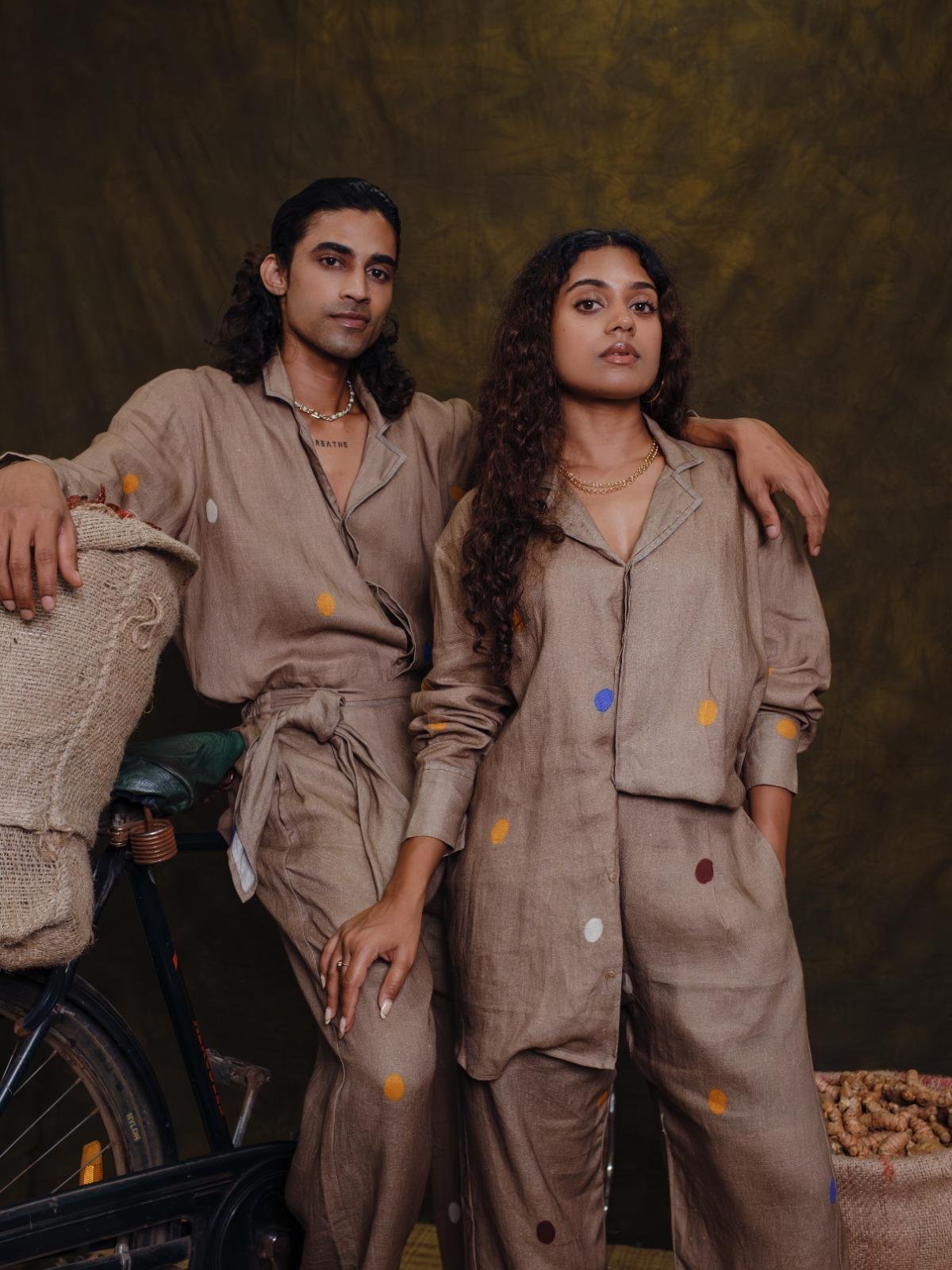 Khaki Printed Linen Button-Down Shirt