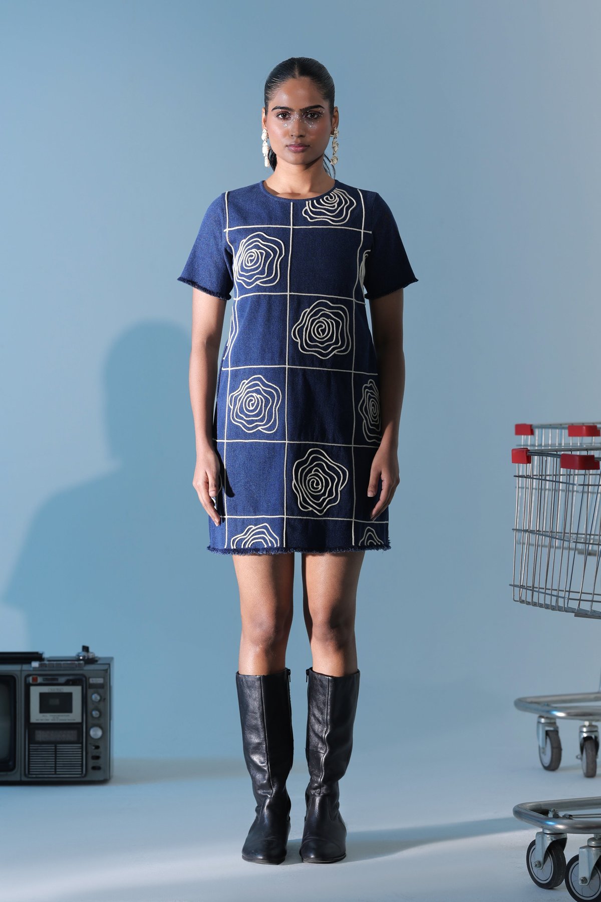 Blue Denim Graphic Grid A-Line Mini Dress