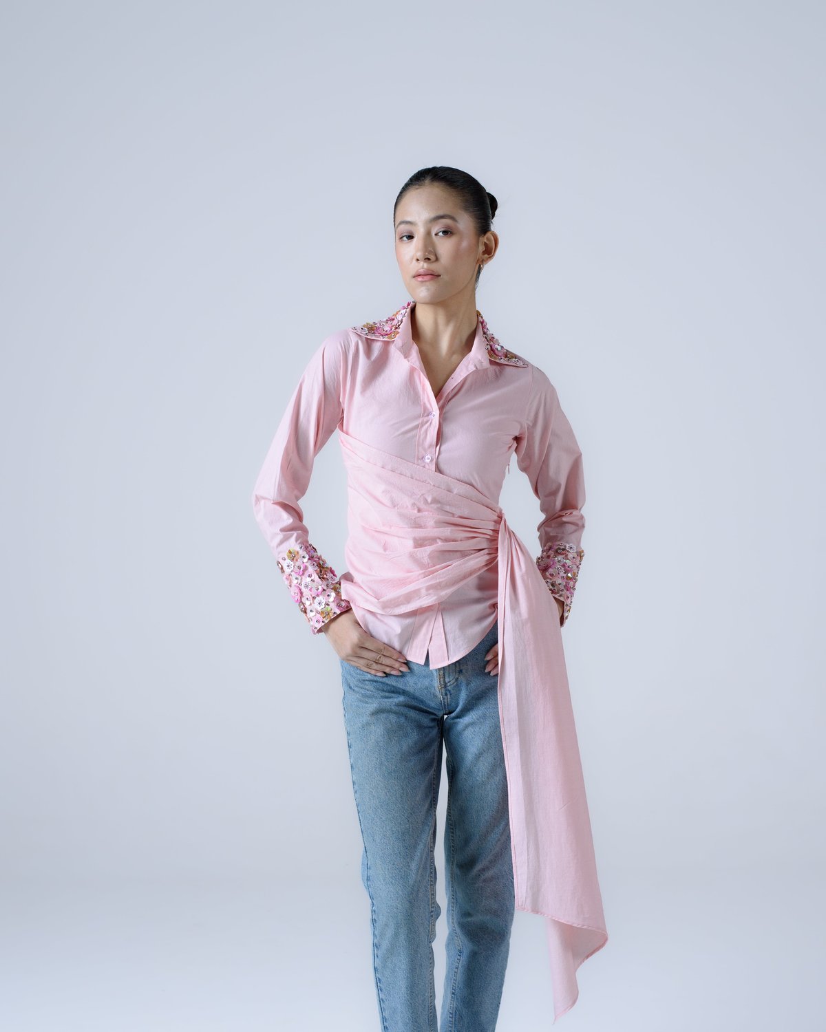Baby Pink Draped Waist Embellished Cotton Poplin Shirt