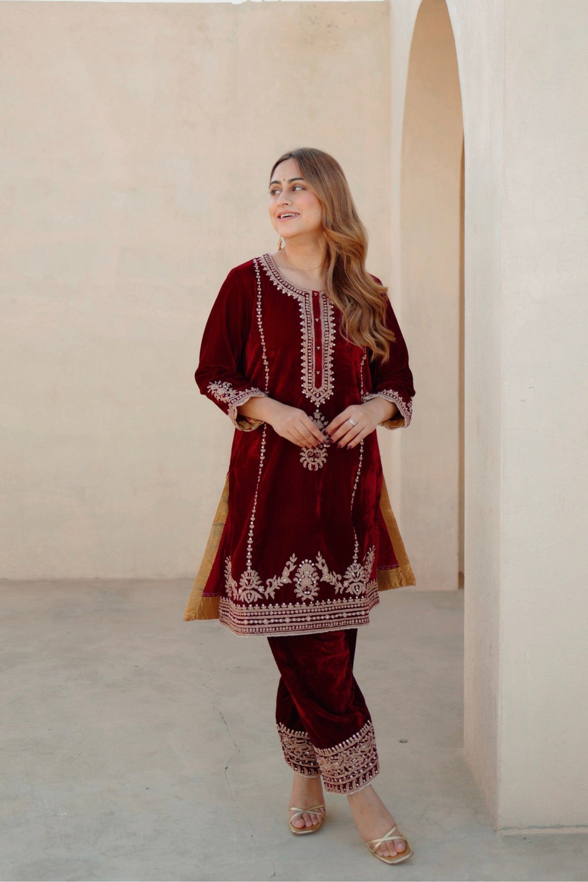 Maroon Silk Velvet Embroidered Straight Kurta Set