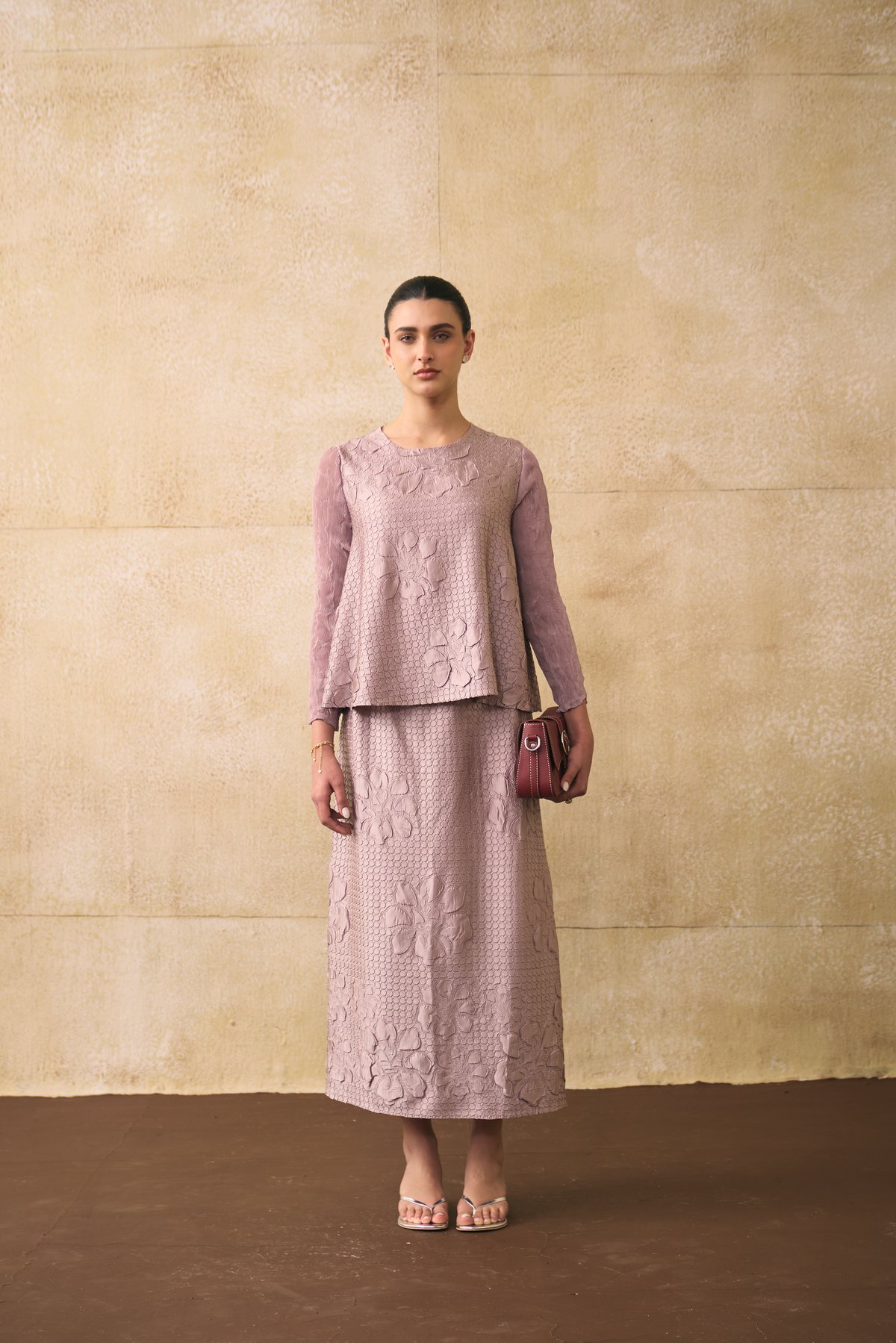 Nude Textured Top and Midi Skirt Co-ord Set