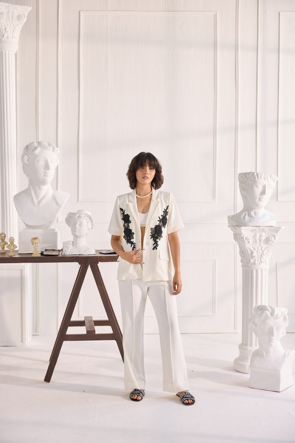 Ivory Blazer and Straight Pants Co-ord Set with Lace Applique