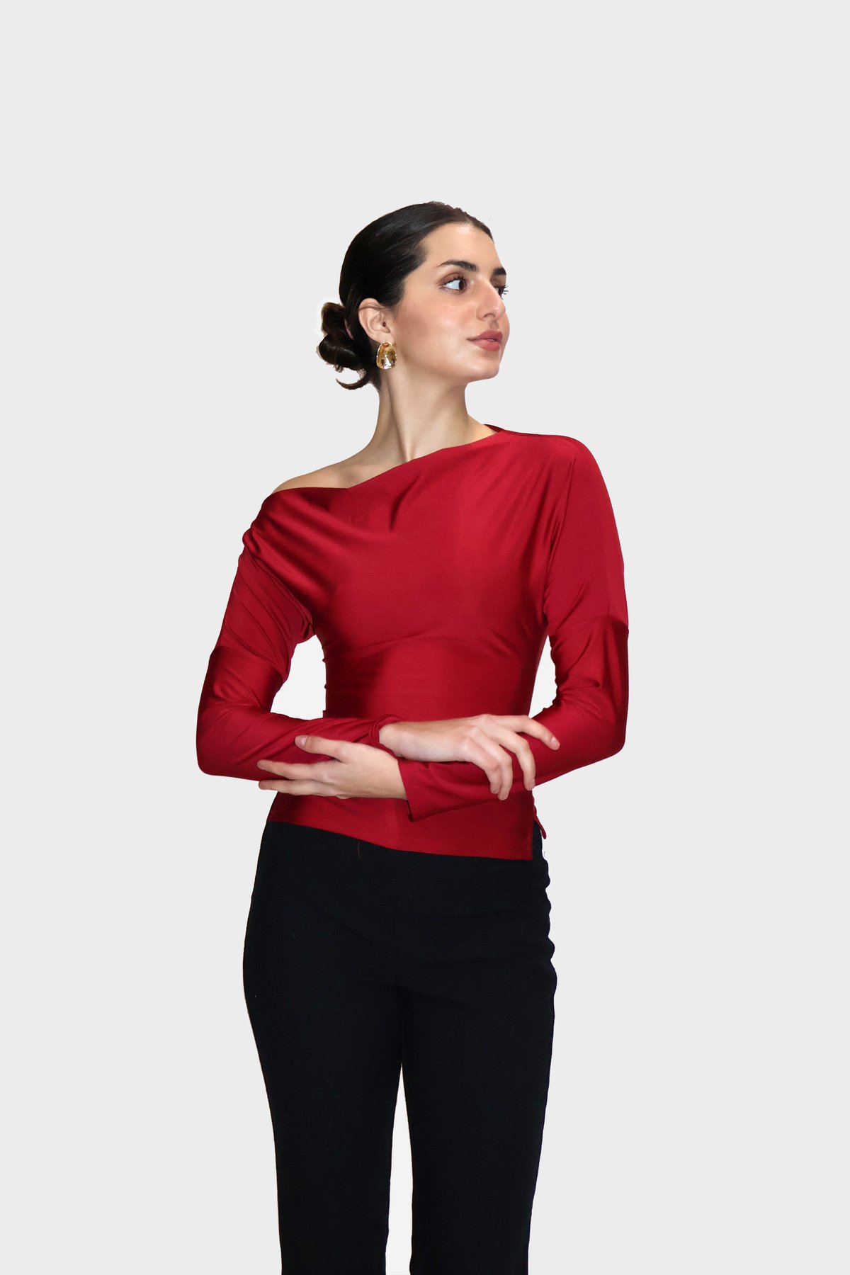 Red One-Shoulder Full Sleeve Top-Oak Top (Cherry)