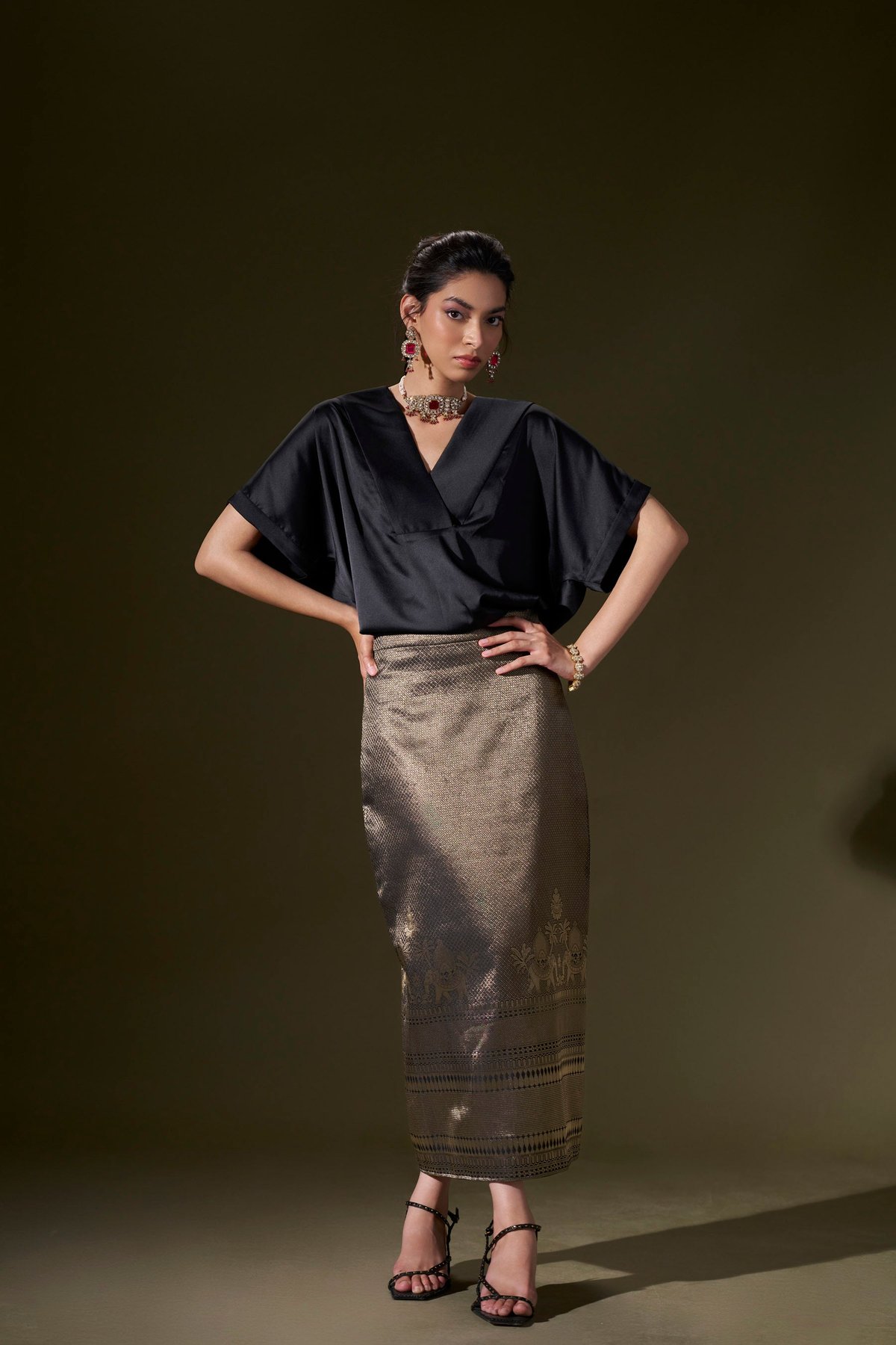 Black Satin Top With Straight Skirt