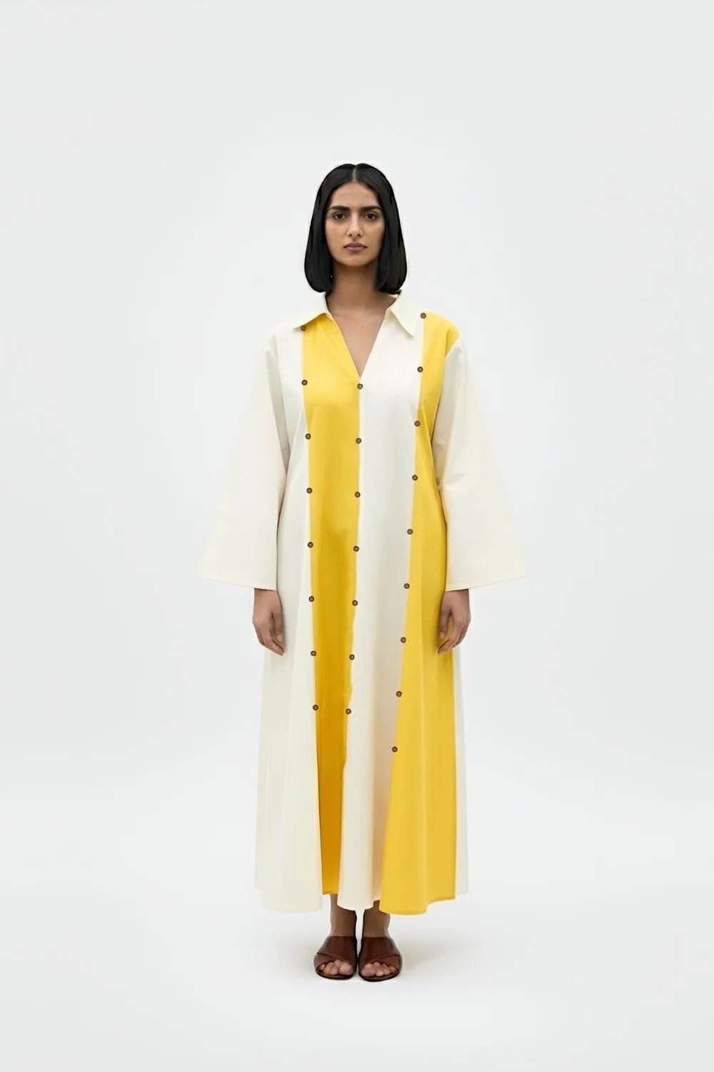 Ivory/Yellow Colorblocked Button-Front Maxi Dress
