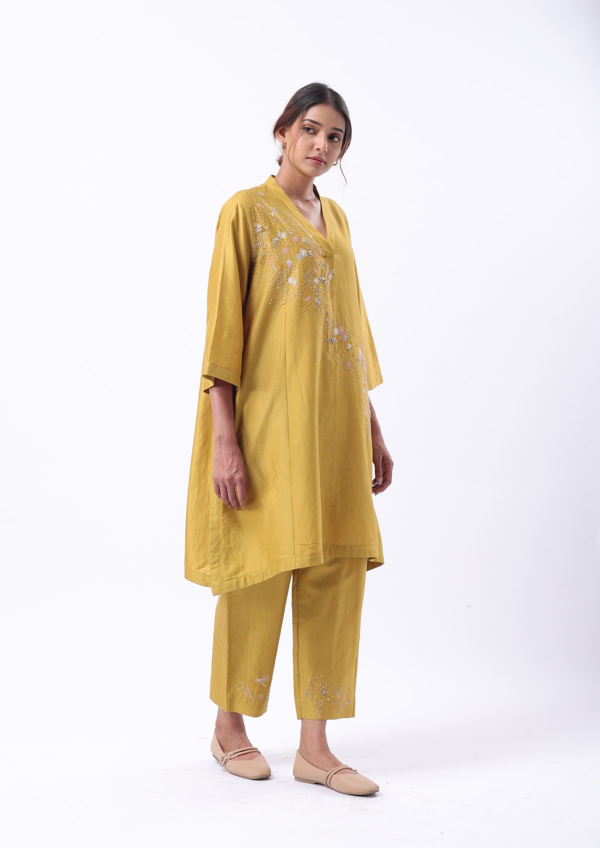 Ochre Straight-Leg Trousers with Embroidered Hem