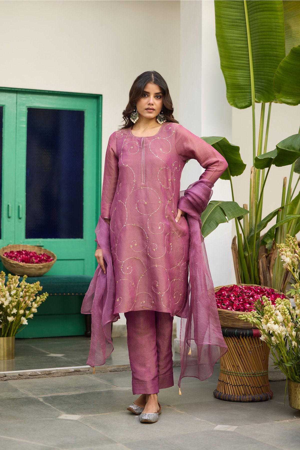 Lilac Tissue Hand Embroidered Straight Kurta Set