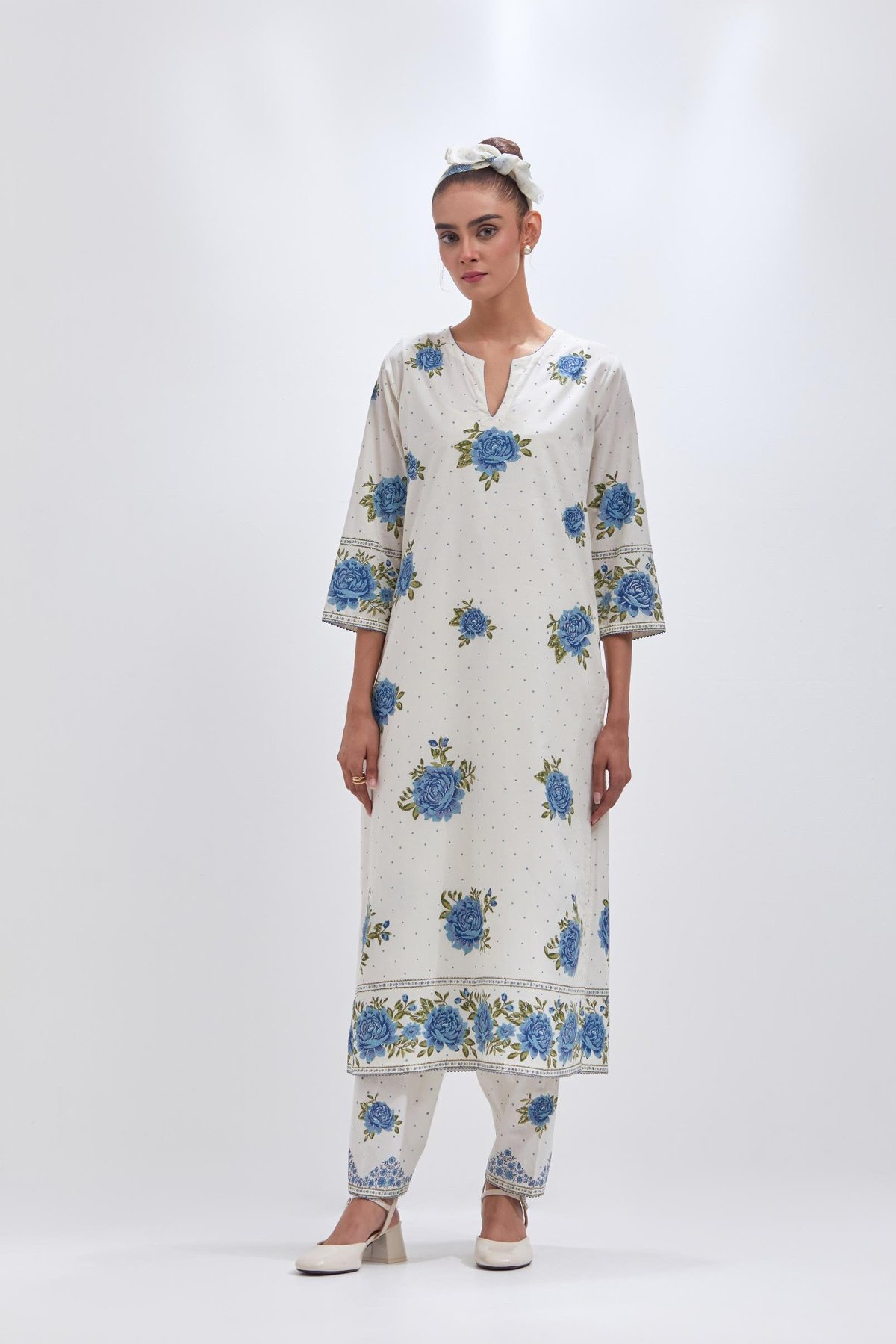 Off White Straight Kurta Set With All-Over Blue & Green Floral Hand Block Print