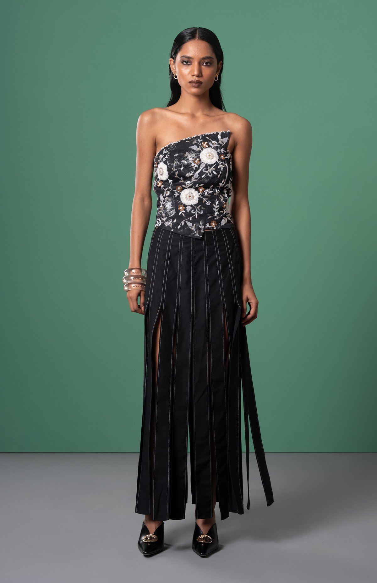 Black Panelled Maxi Skirt with Shredded Slit Detailing