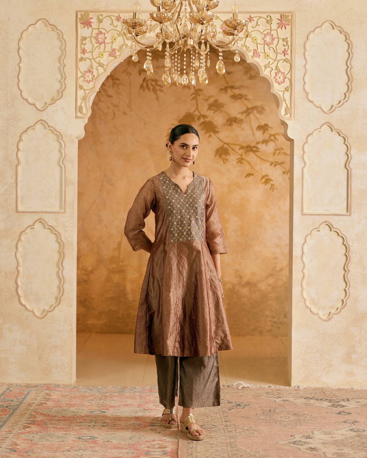 Bronze Crush Tissue Anarkali Kurta Set with Wide-Leg Pants